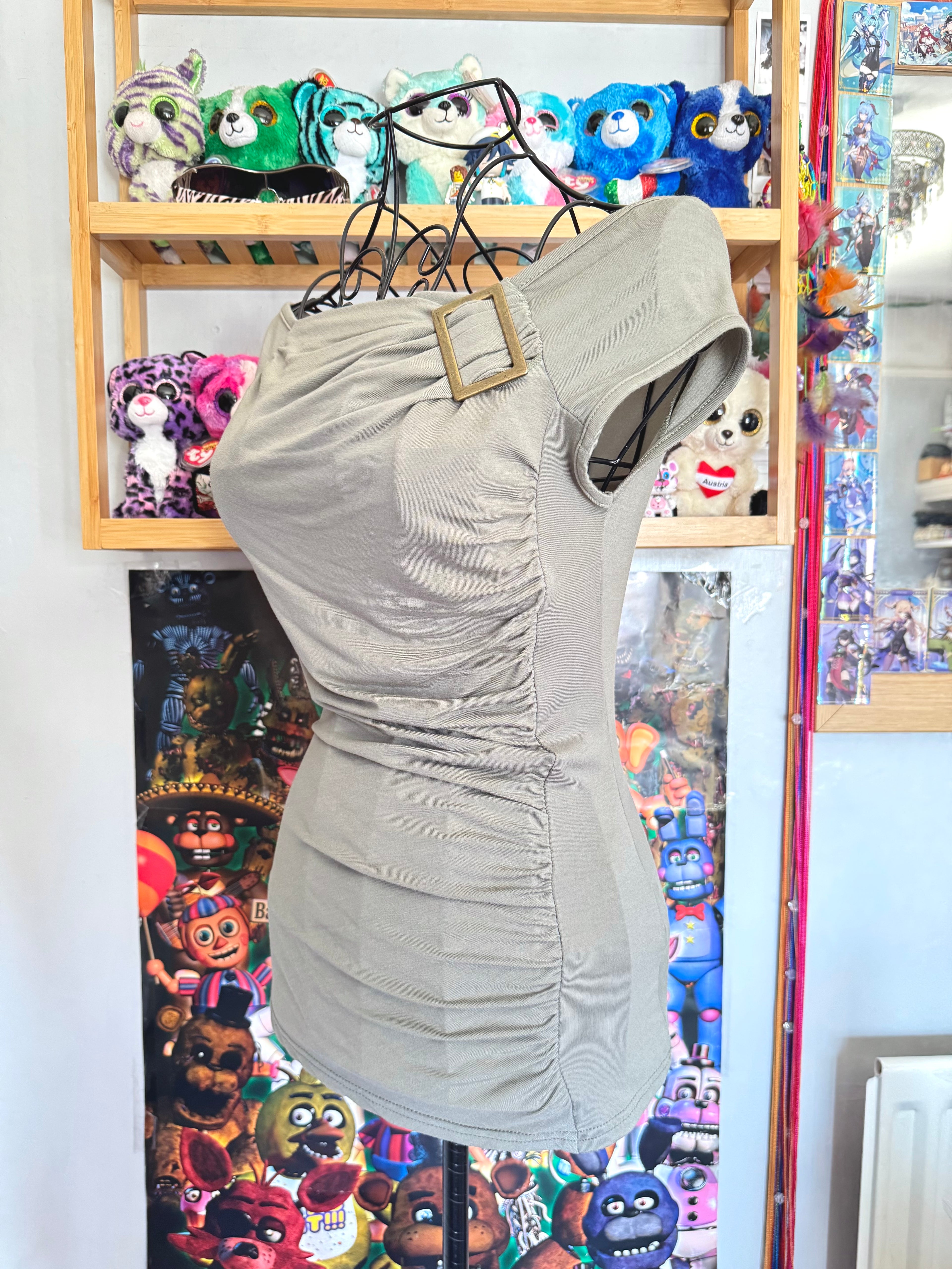 y2k vintage khaki green ruched fitted off shoulder fitted top with golden buckle detail