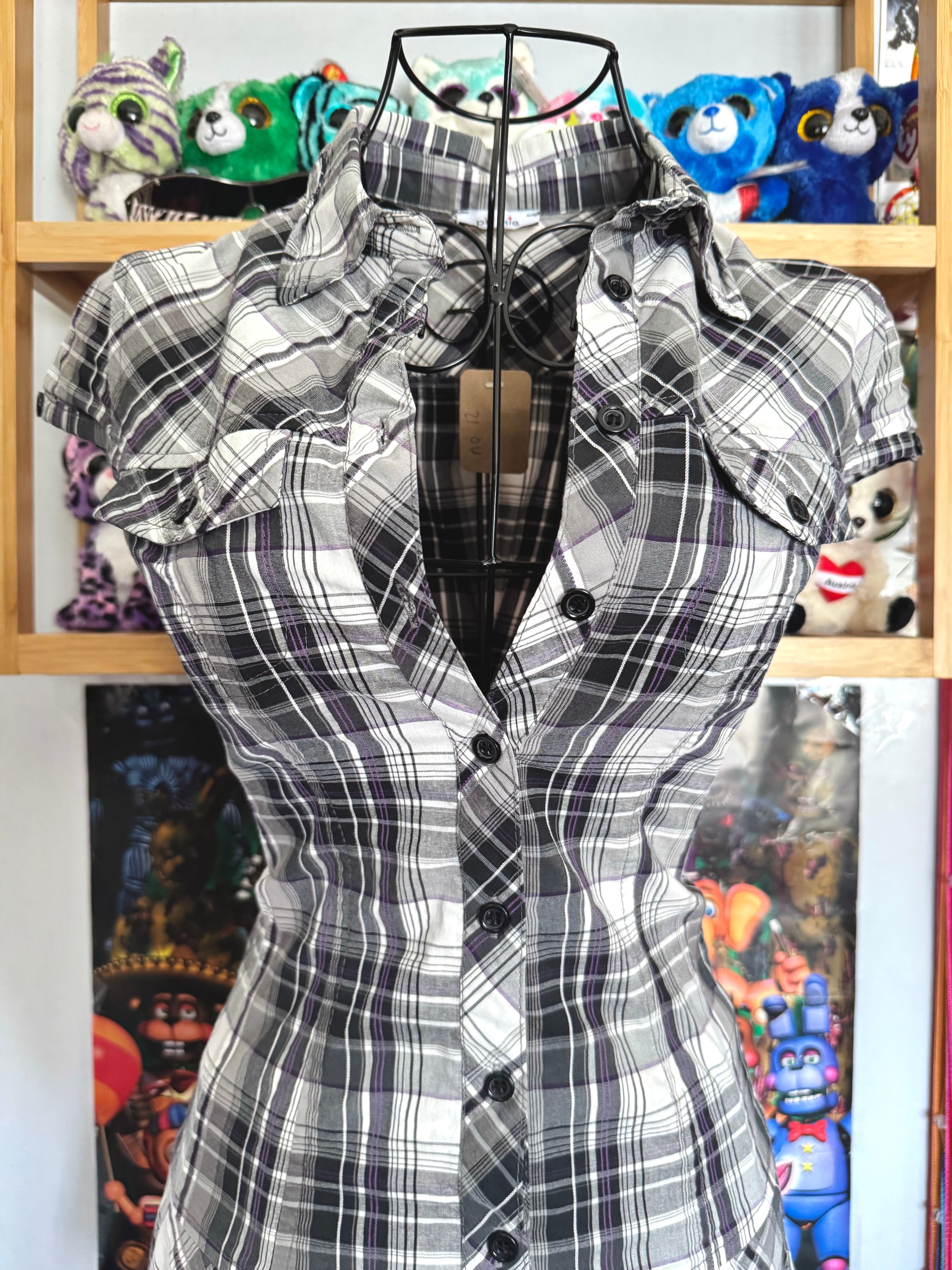 y2k vintage plaid grey and purple fitted button up mini dress officecore office siren