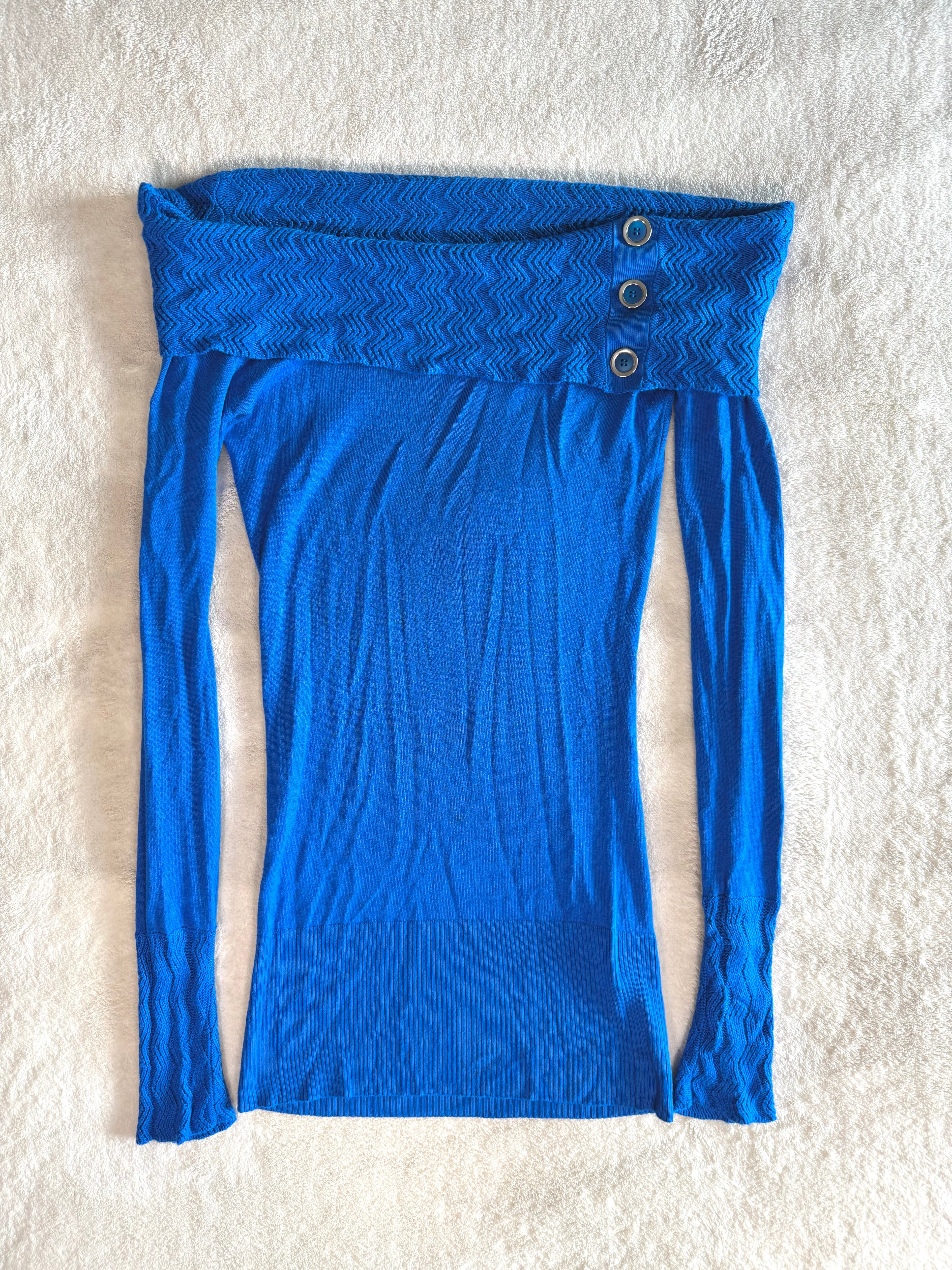 y2k vintage royal blue off shoulder fitted long sleeved top with ribbed knit detail