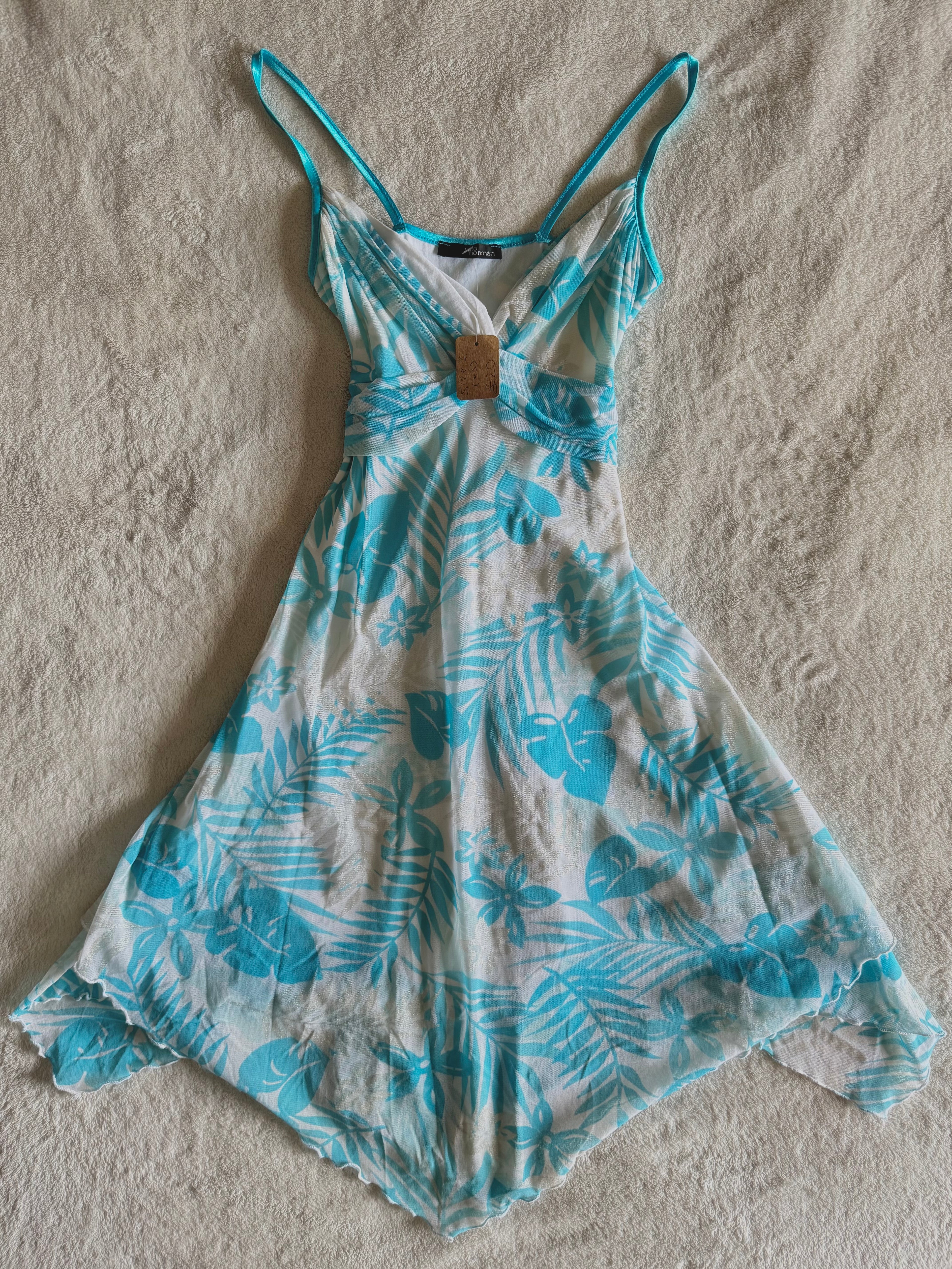 y2k vintage tie back turquoise blue mesh asymmetrical lettuce hem mini dress