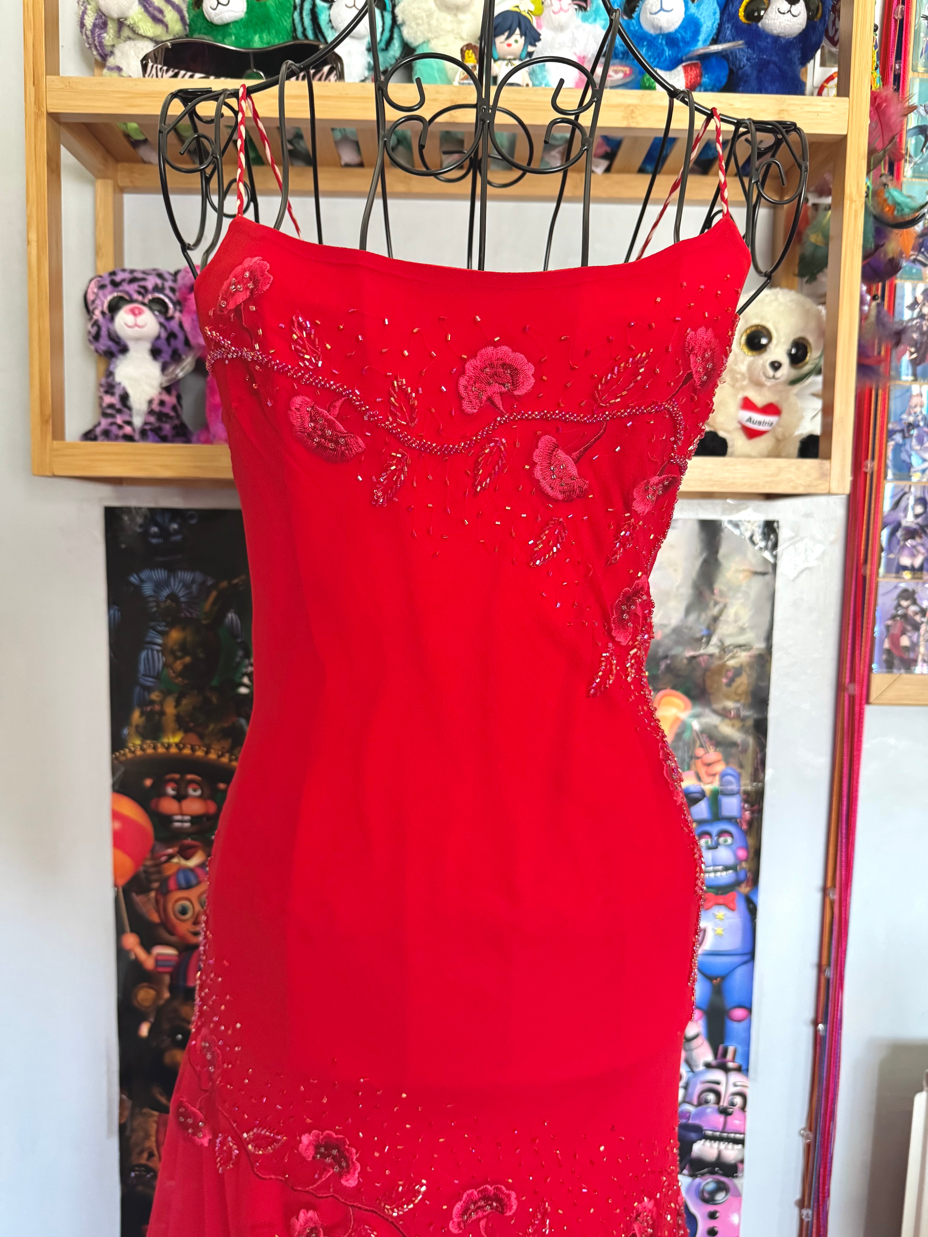 y2k vintage red silk floral embroidery maxi dress for prom or special occasion
