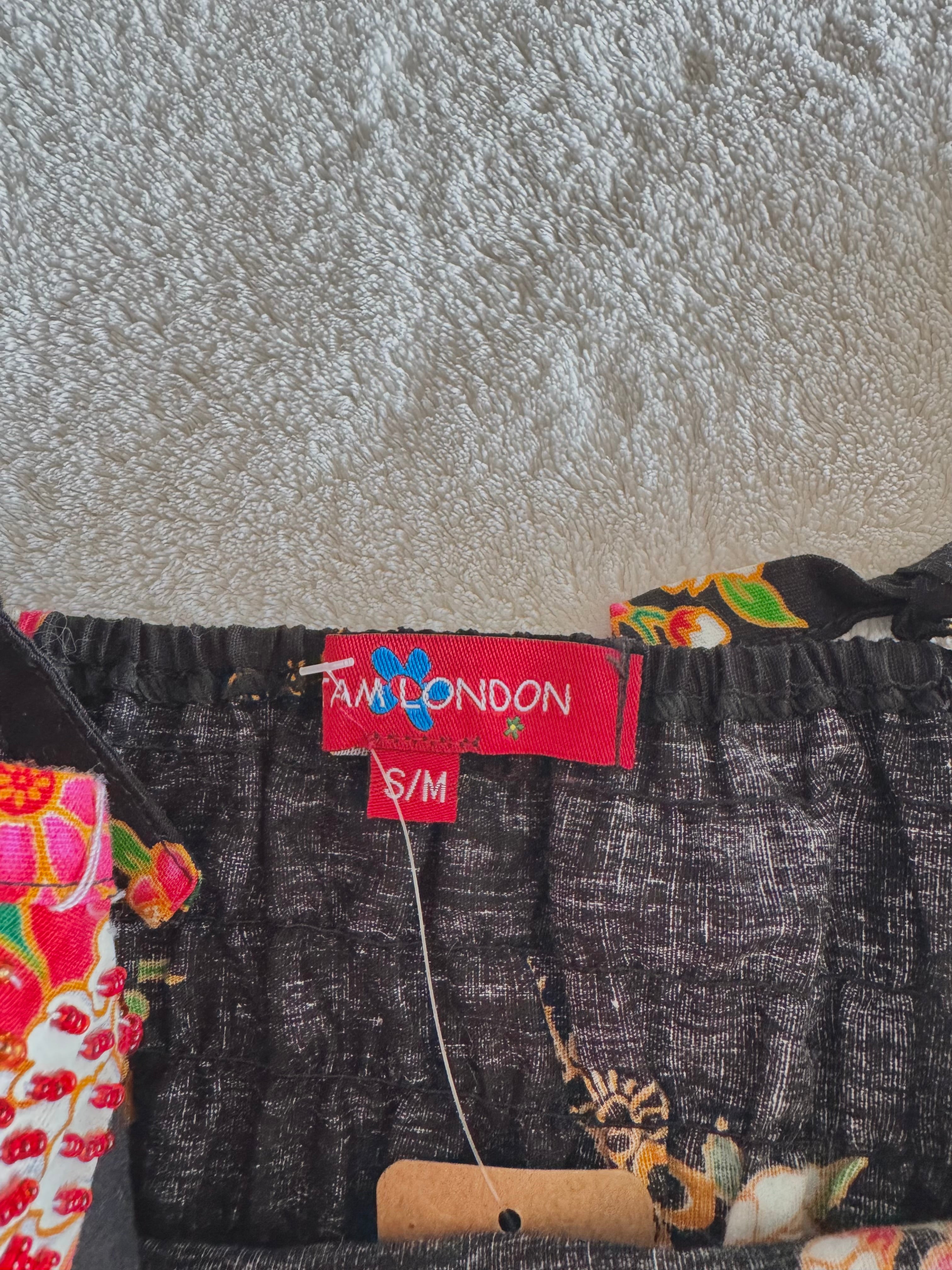y2k vintage black and multi floral beaded fitted cami top