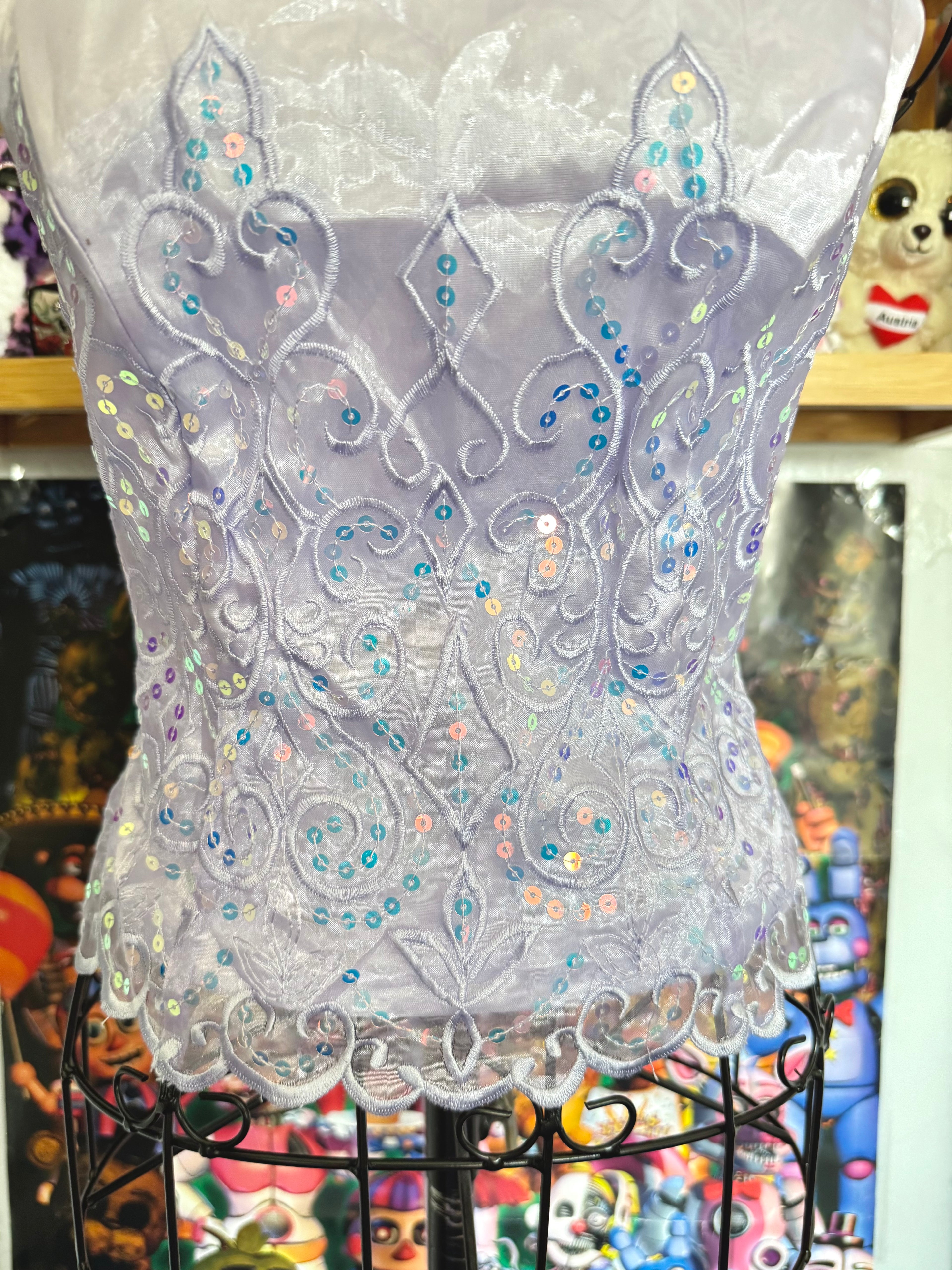 y2k vintage lilac purple lace back cropped and fitted corset top with sequins embellished