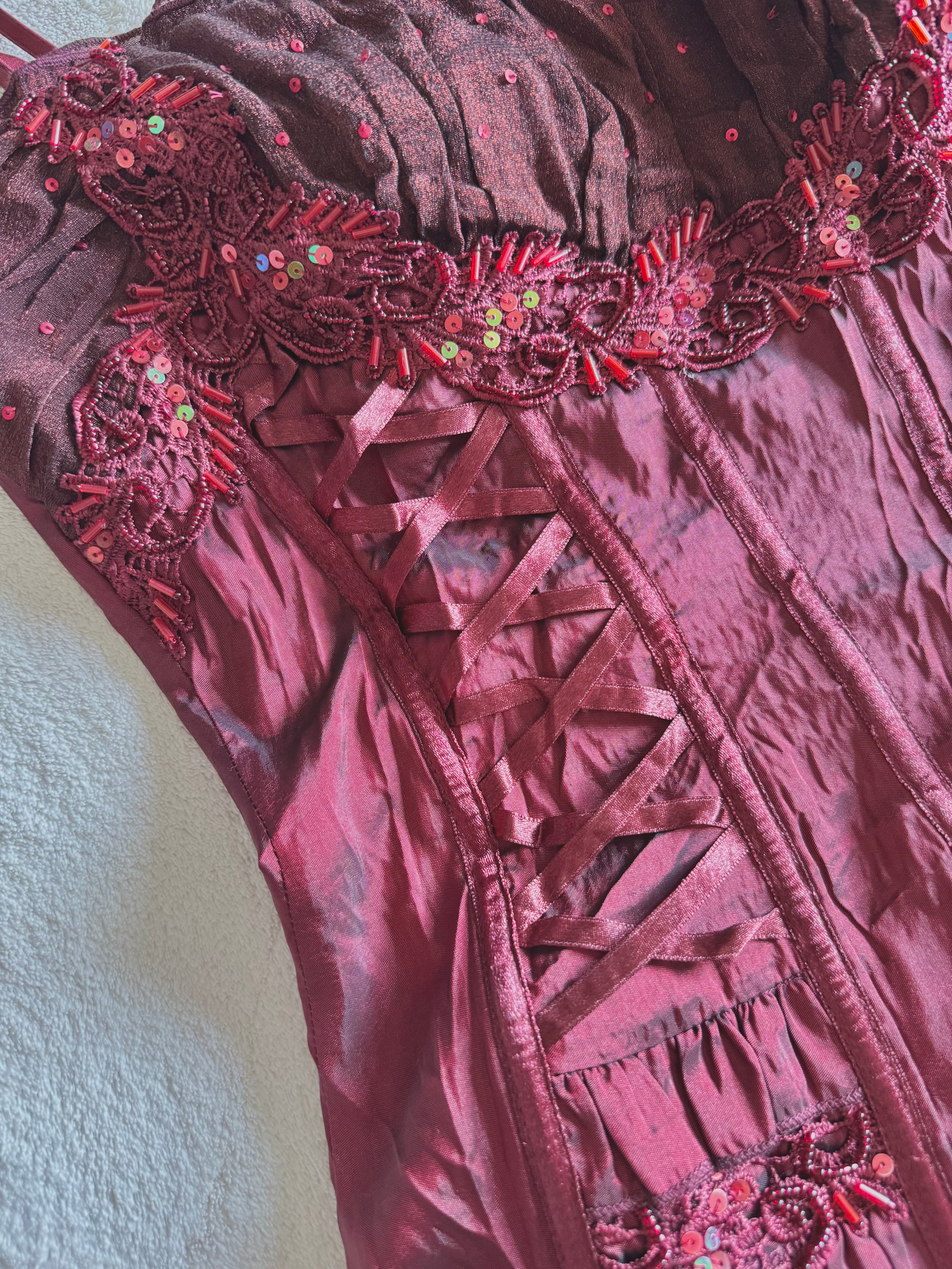 y2k vintage crimson red lace up look sequin embellished boned and fitted corset top