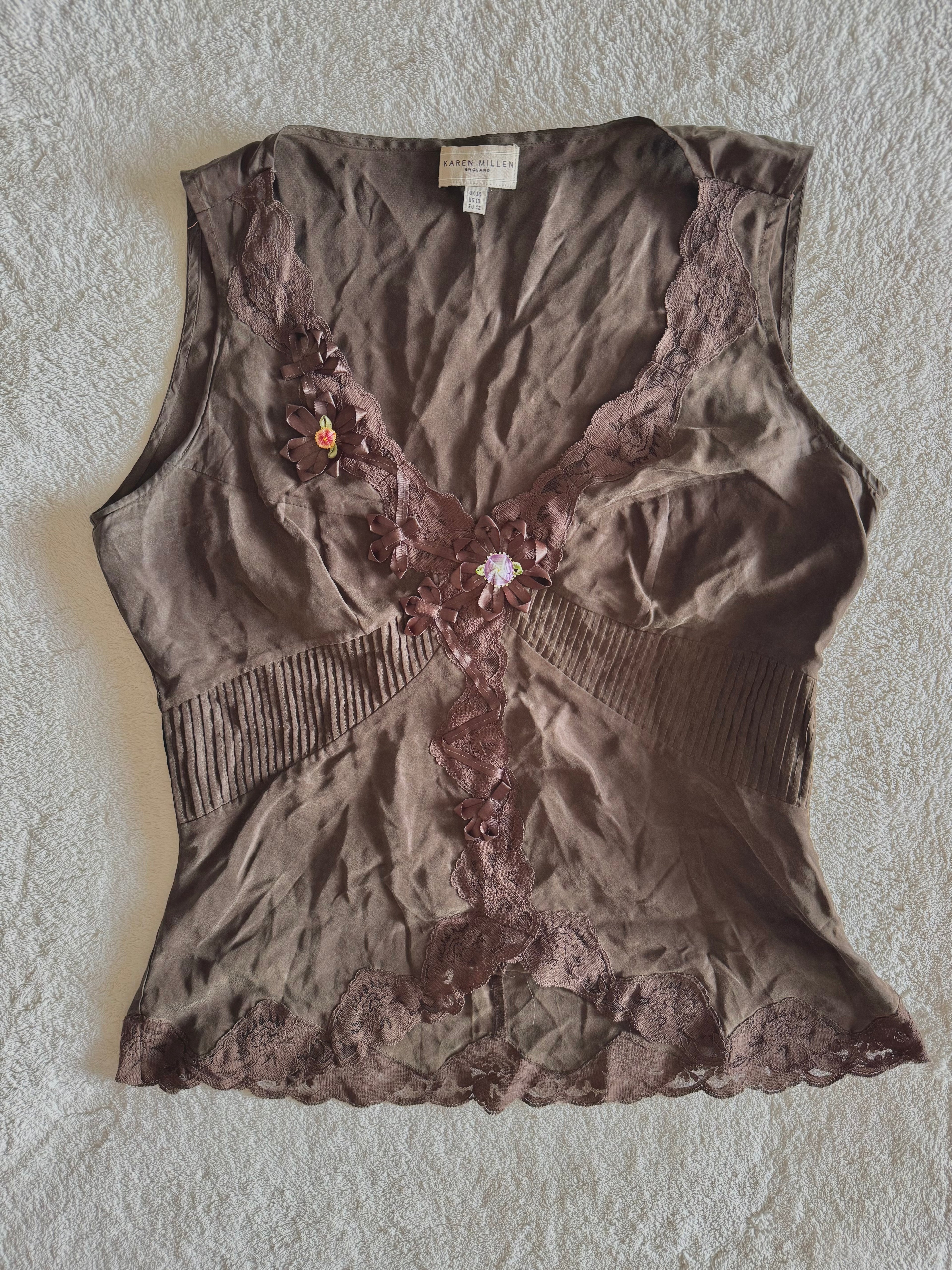 y2k vintage chocolate brown silk floral Karen Millen sleeveless vest top fairycore