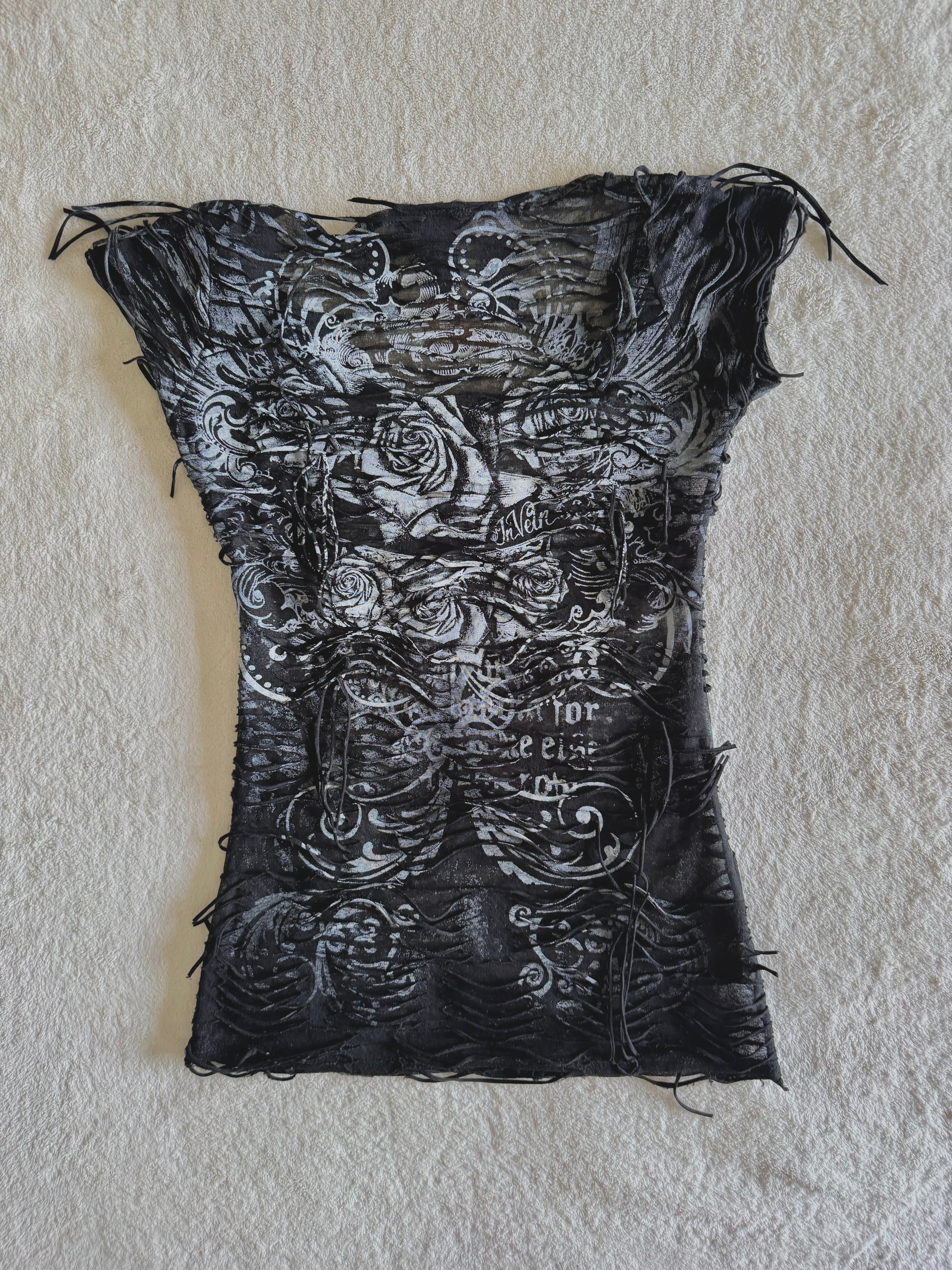 y2k vintage insane slashed graphic rose print sheer fitted tee grunge