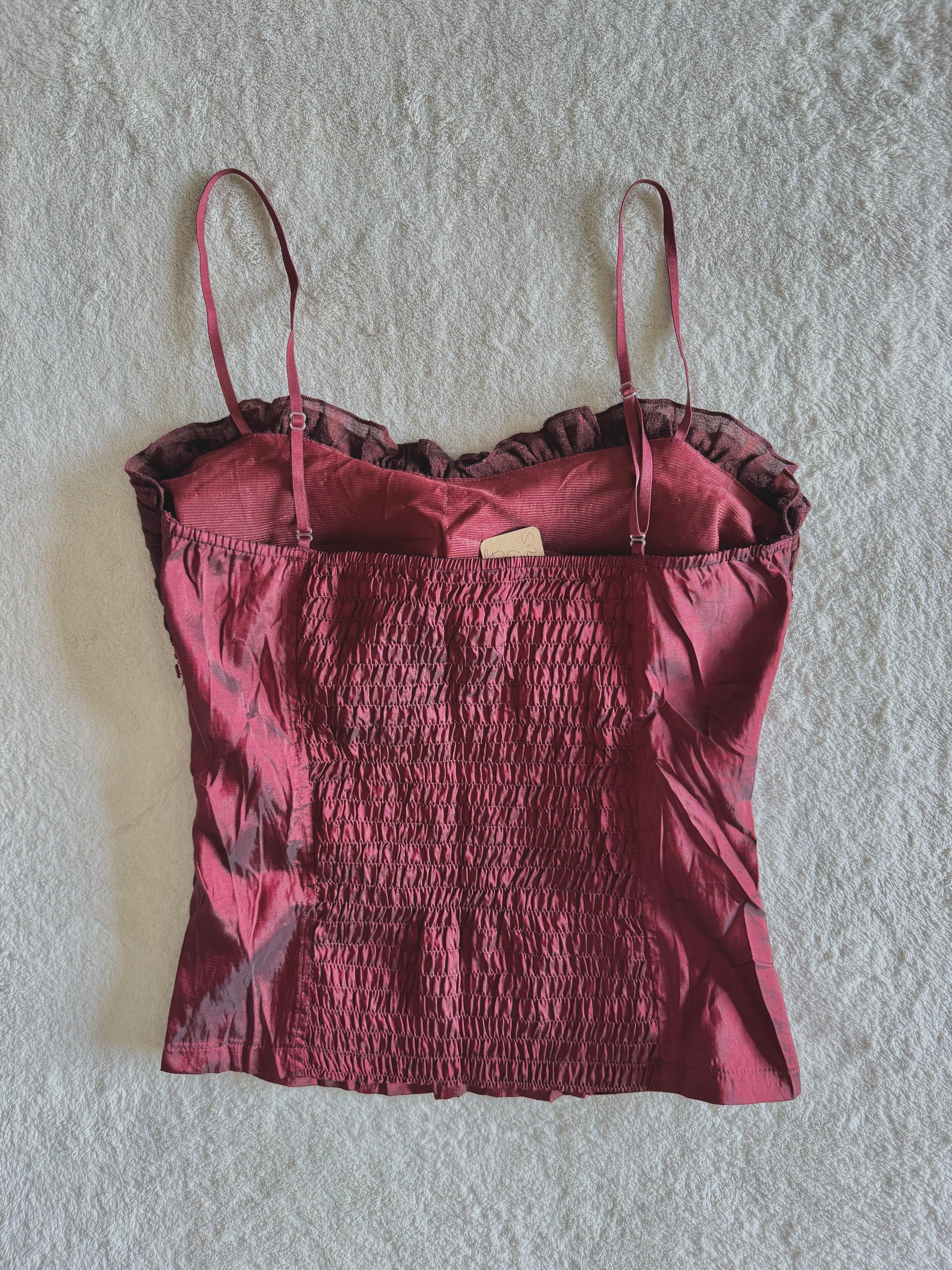 y2k vintage crimson red lace up look sequin embellished boned and fitted corset top