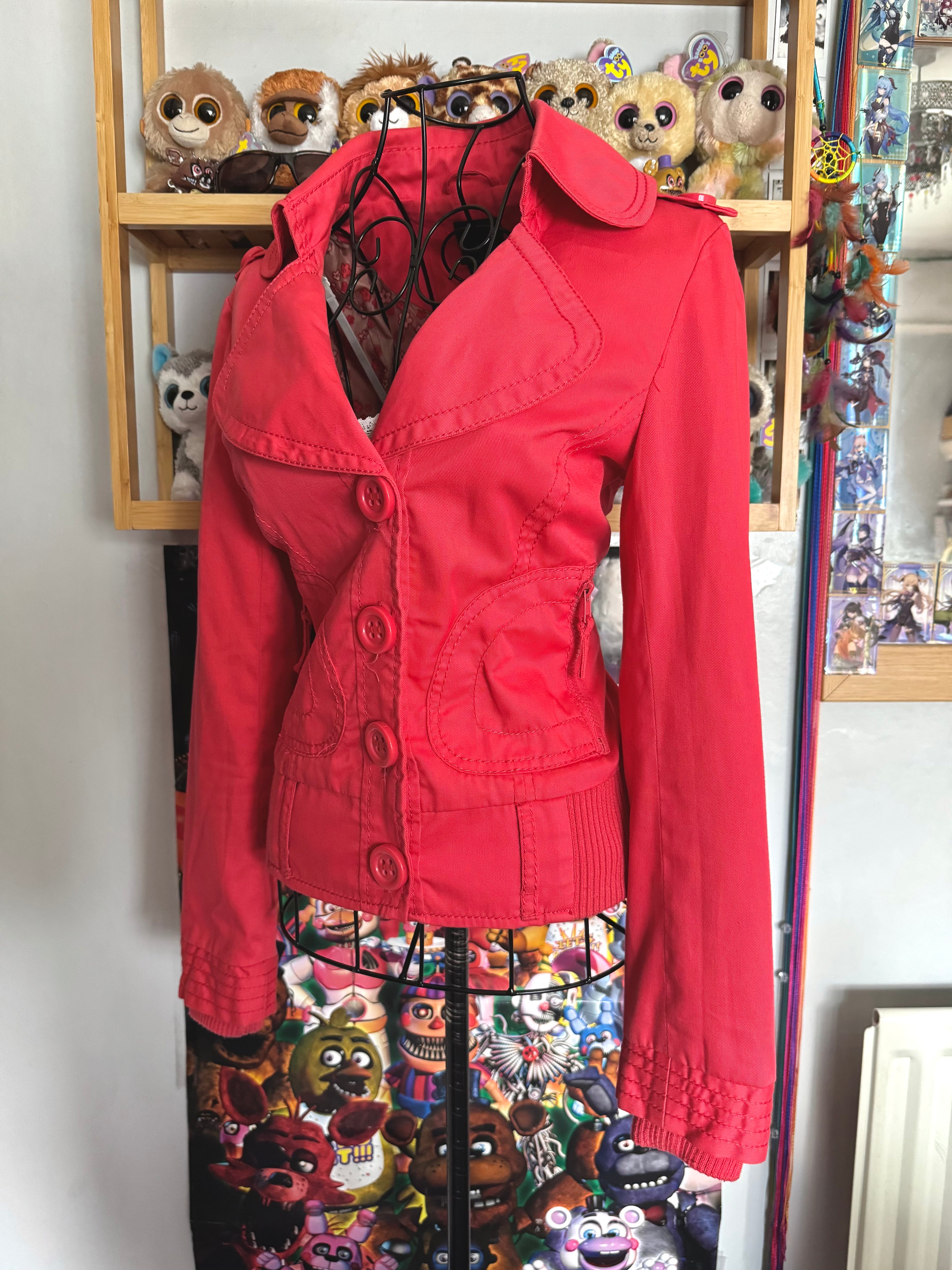y2k vintage coral red fitted bomber jacket peacoat with zip pockets and chunky buttons