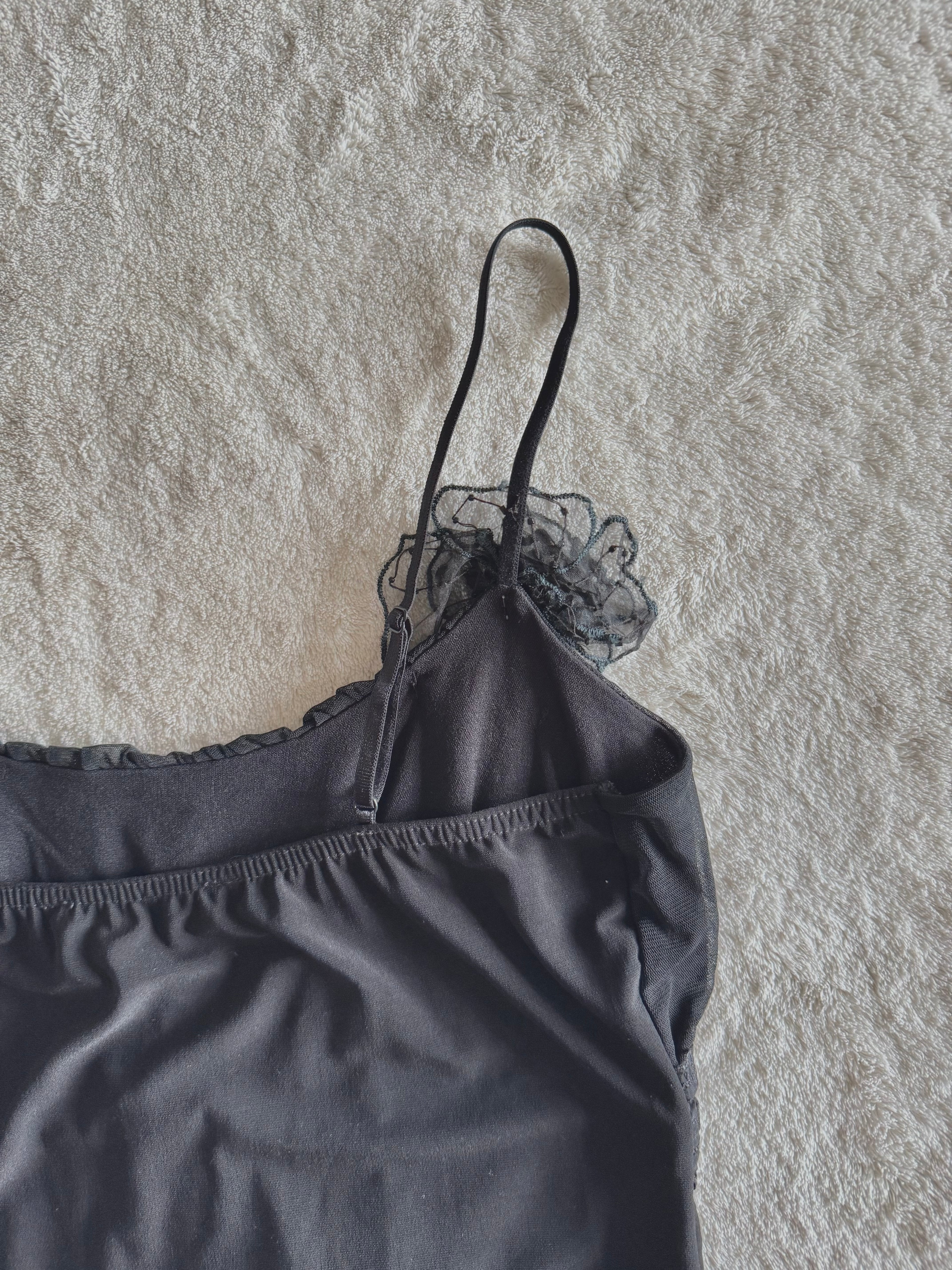 y2k vintage black mesh fitted cami top with ruffle hem and ruched milkmaid bust gothic