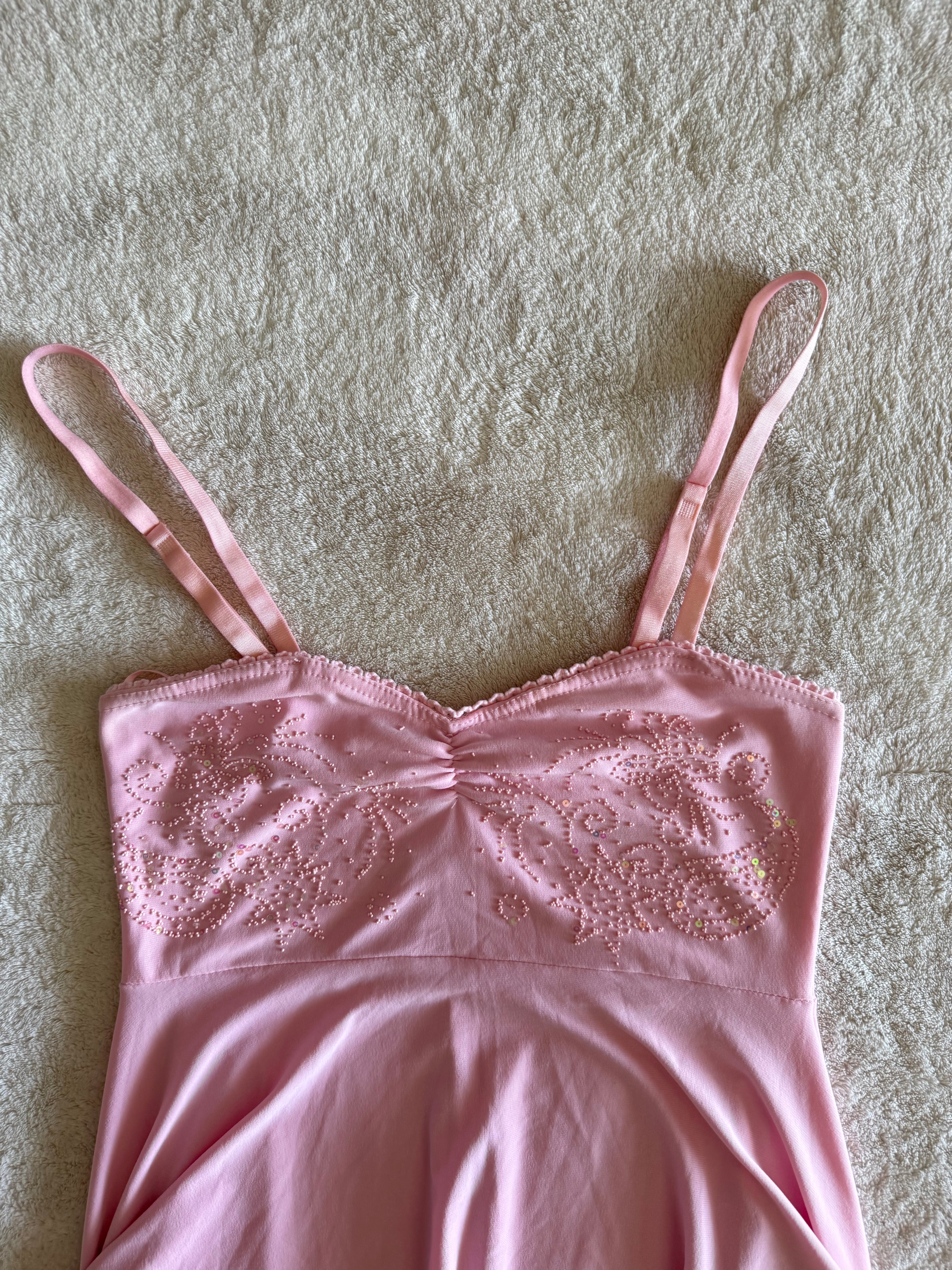 y2k vintage baby pink asymmetrical fairy hem ruched beaded cami top