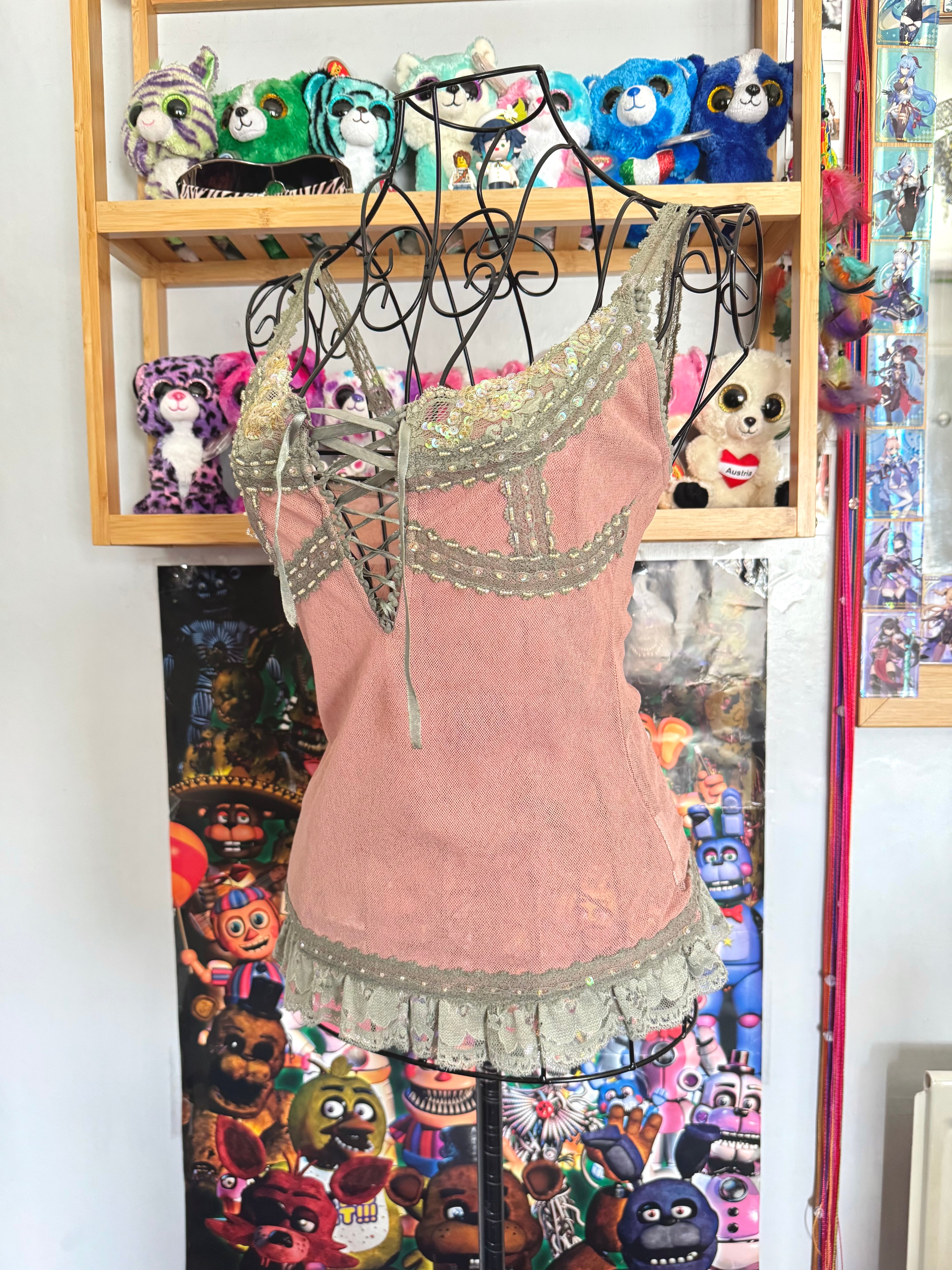 y2k vintage dusky pink and green fitted lace up front cami top fairycore