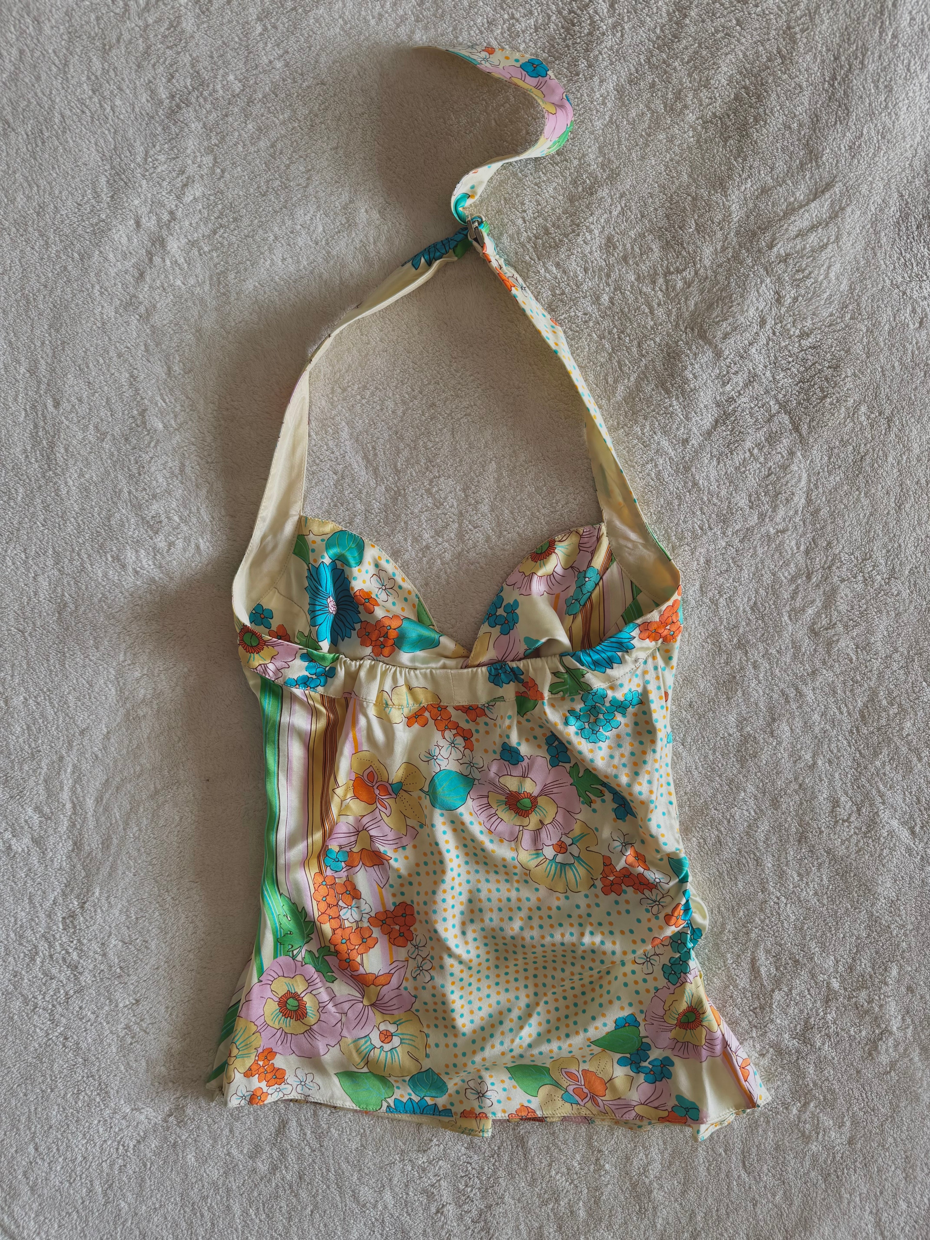 y2k vintage fitted silk floral ruched halterneck cami top