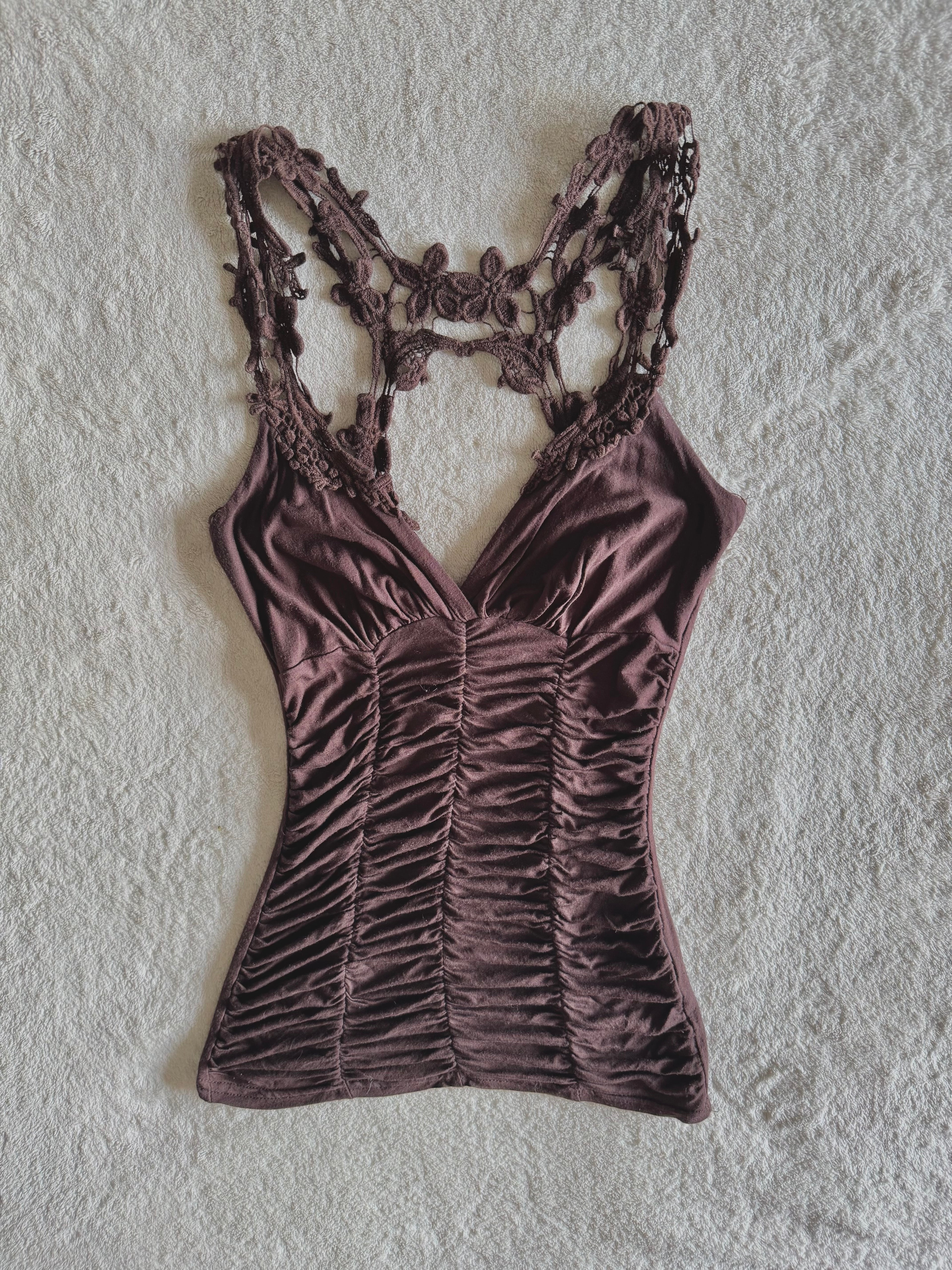 y2k vintage chocolate brown ruched fitted lace back cami top