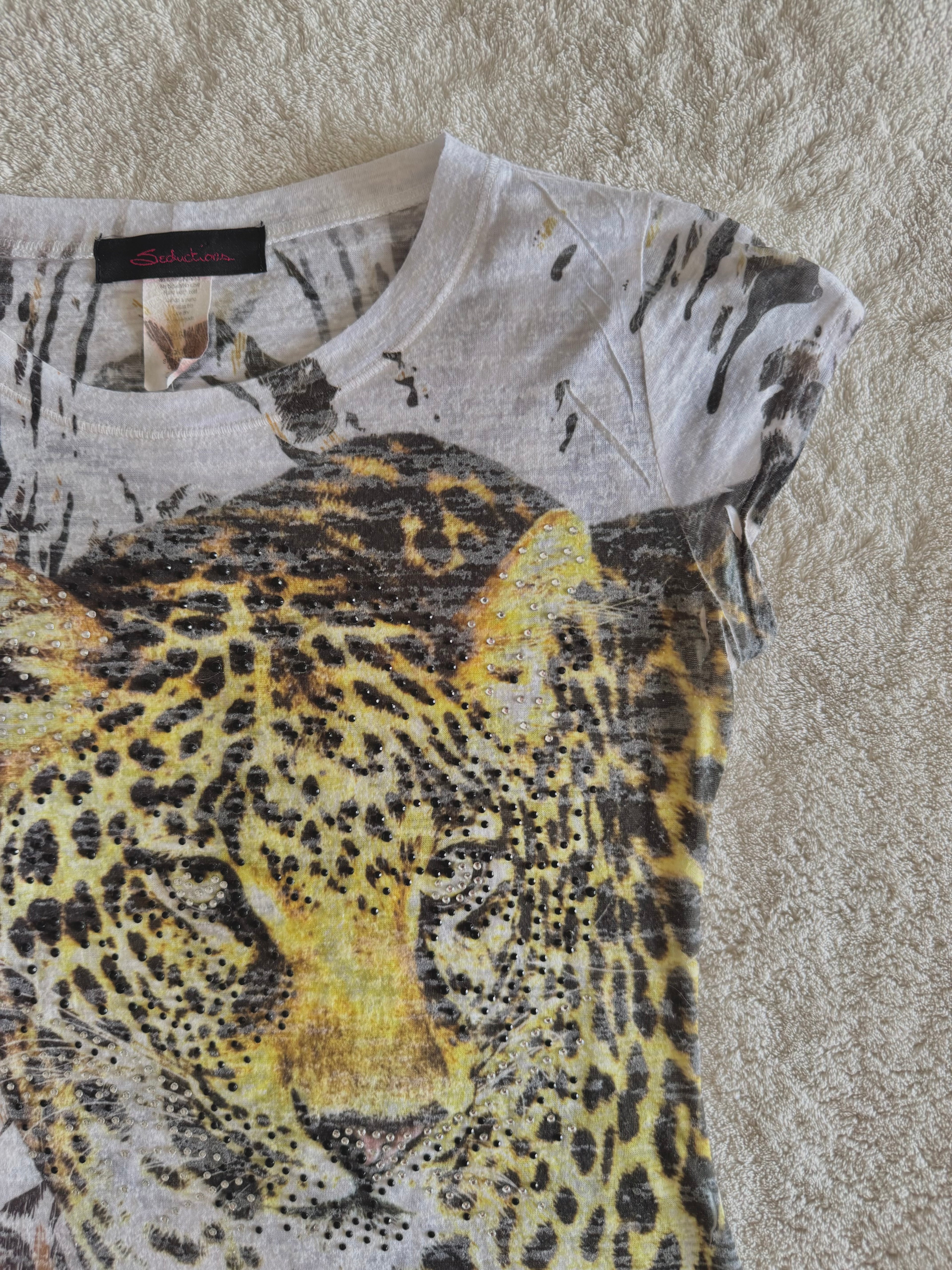 y2k vintage graphic leopard print sheer fitted tee affliction