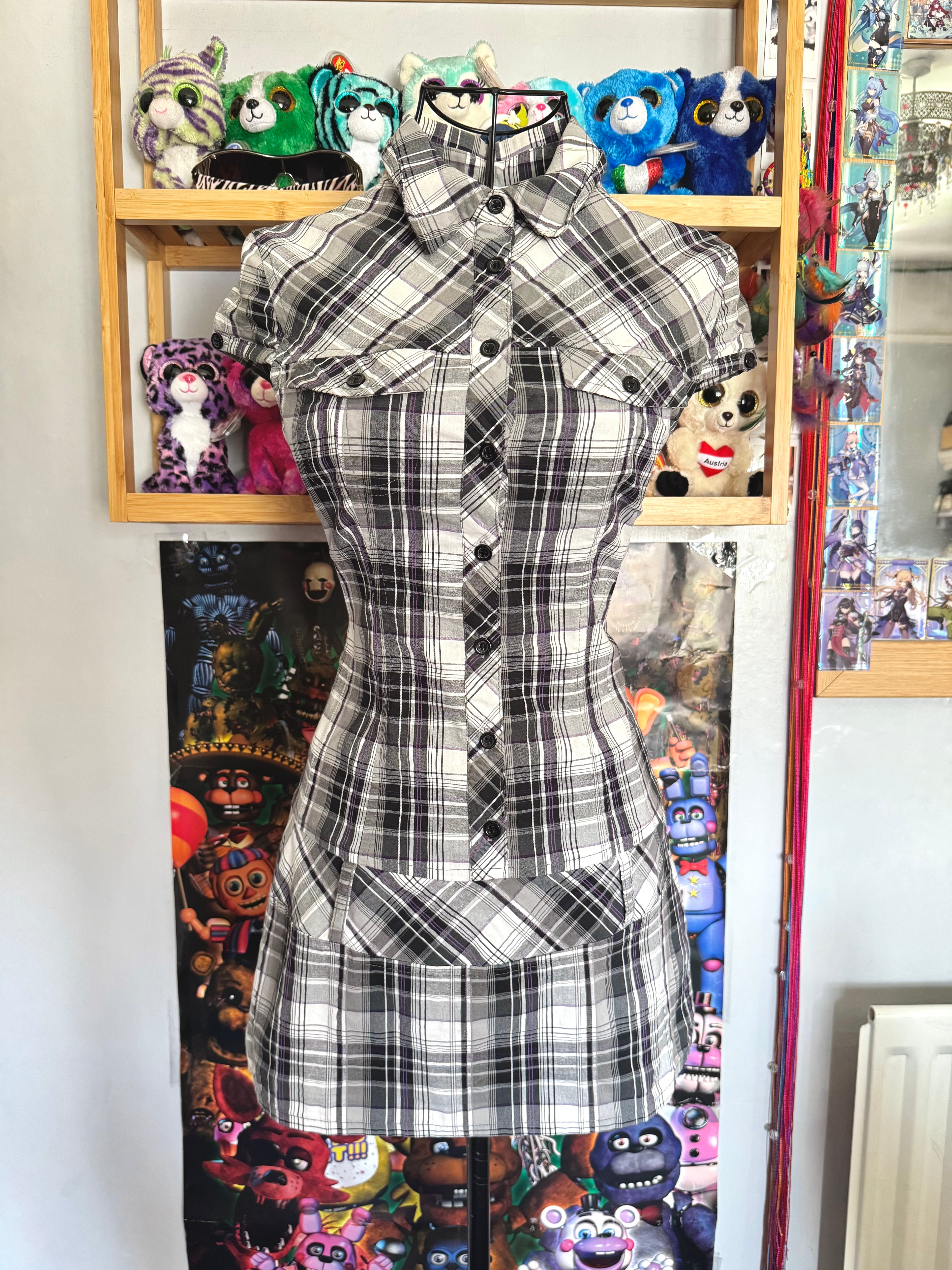 y2k vintage plaid grey and purple fitted button up mini dress officecore office siren