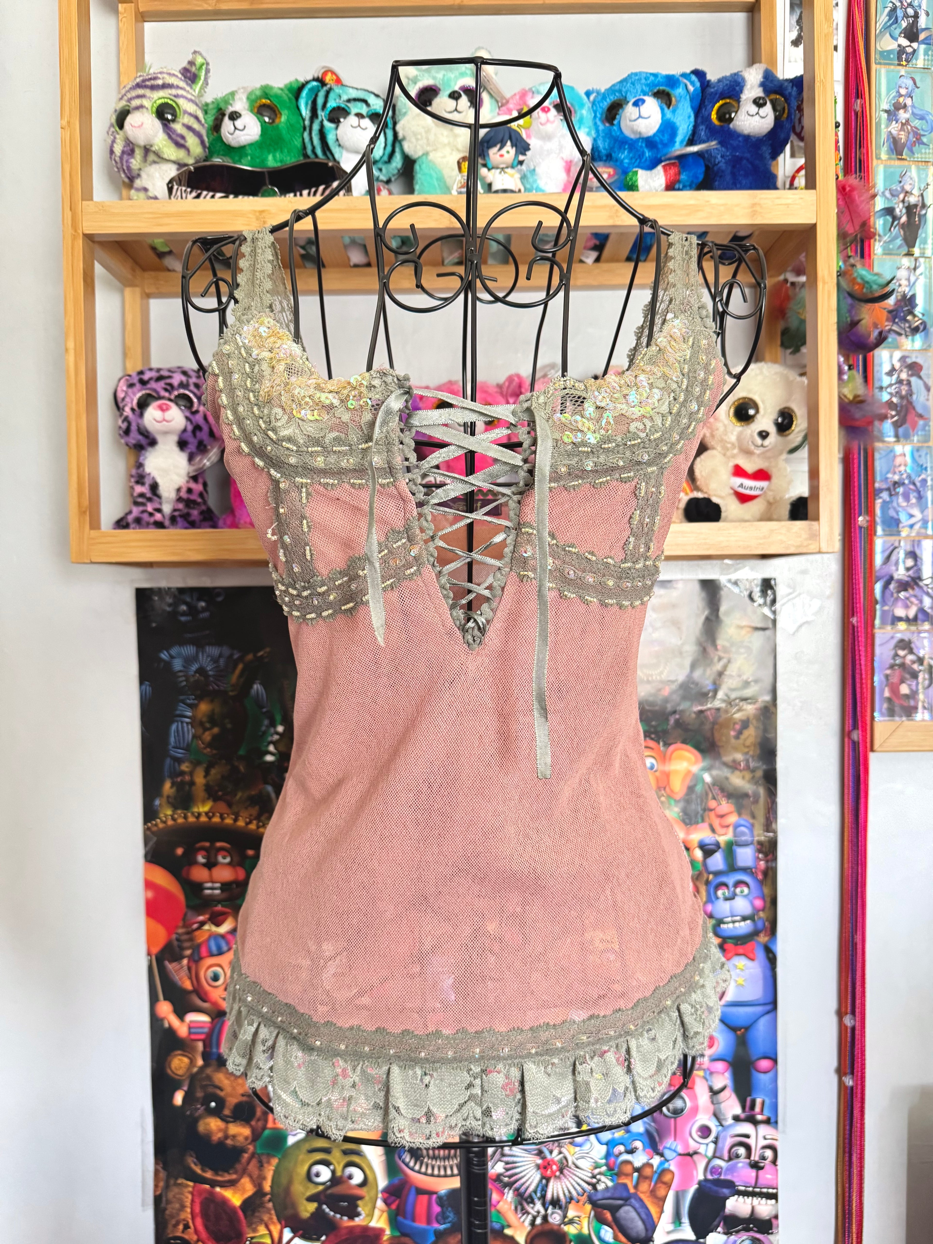 y2k vintage dusky pink and green fitted lace up front cami top fairycore