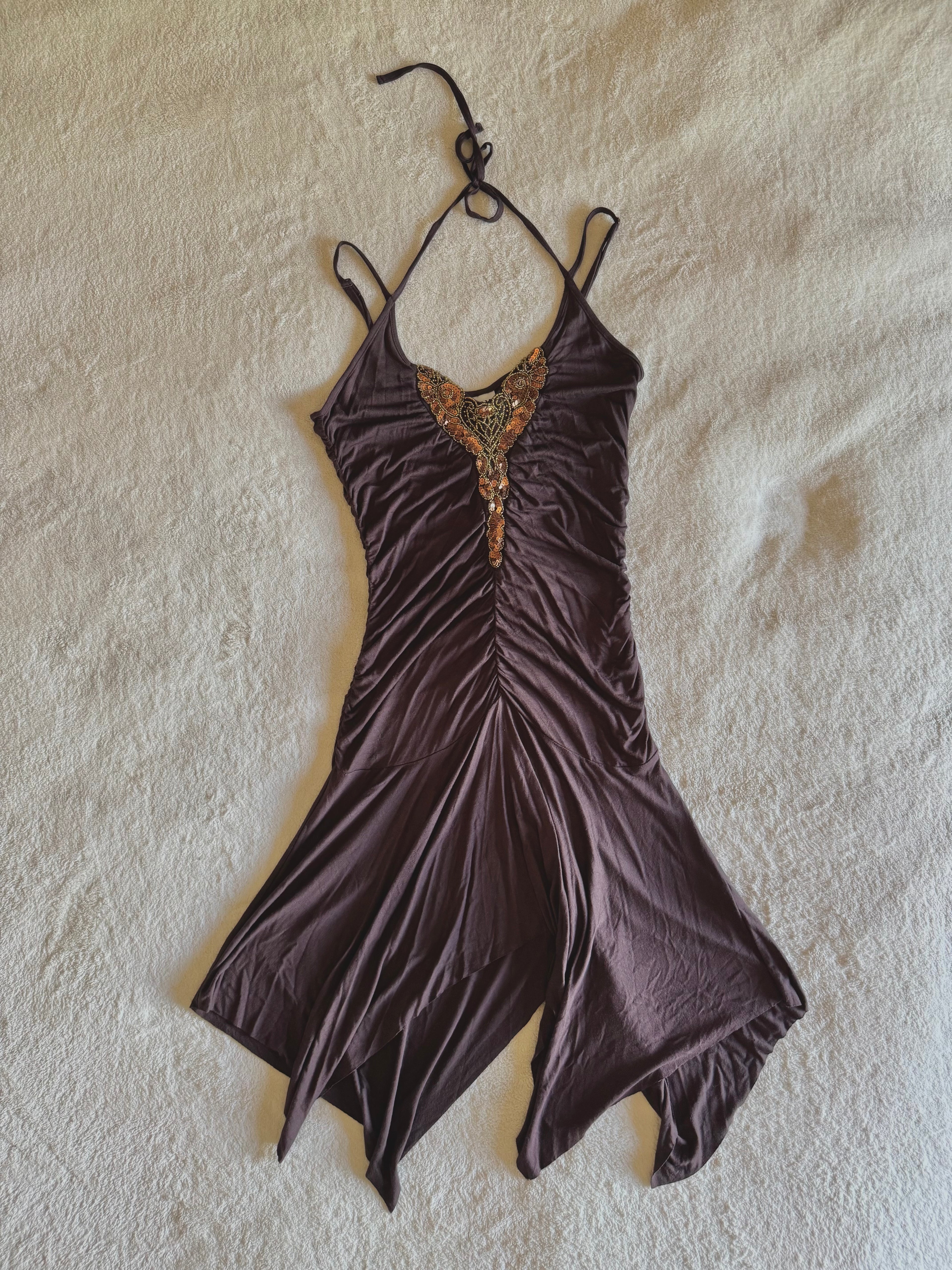 y2k vintage chocolate brown rushed asymmetrical hem midi halterneck dress with golden sequins