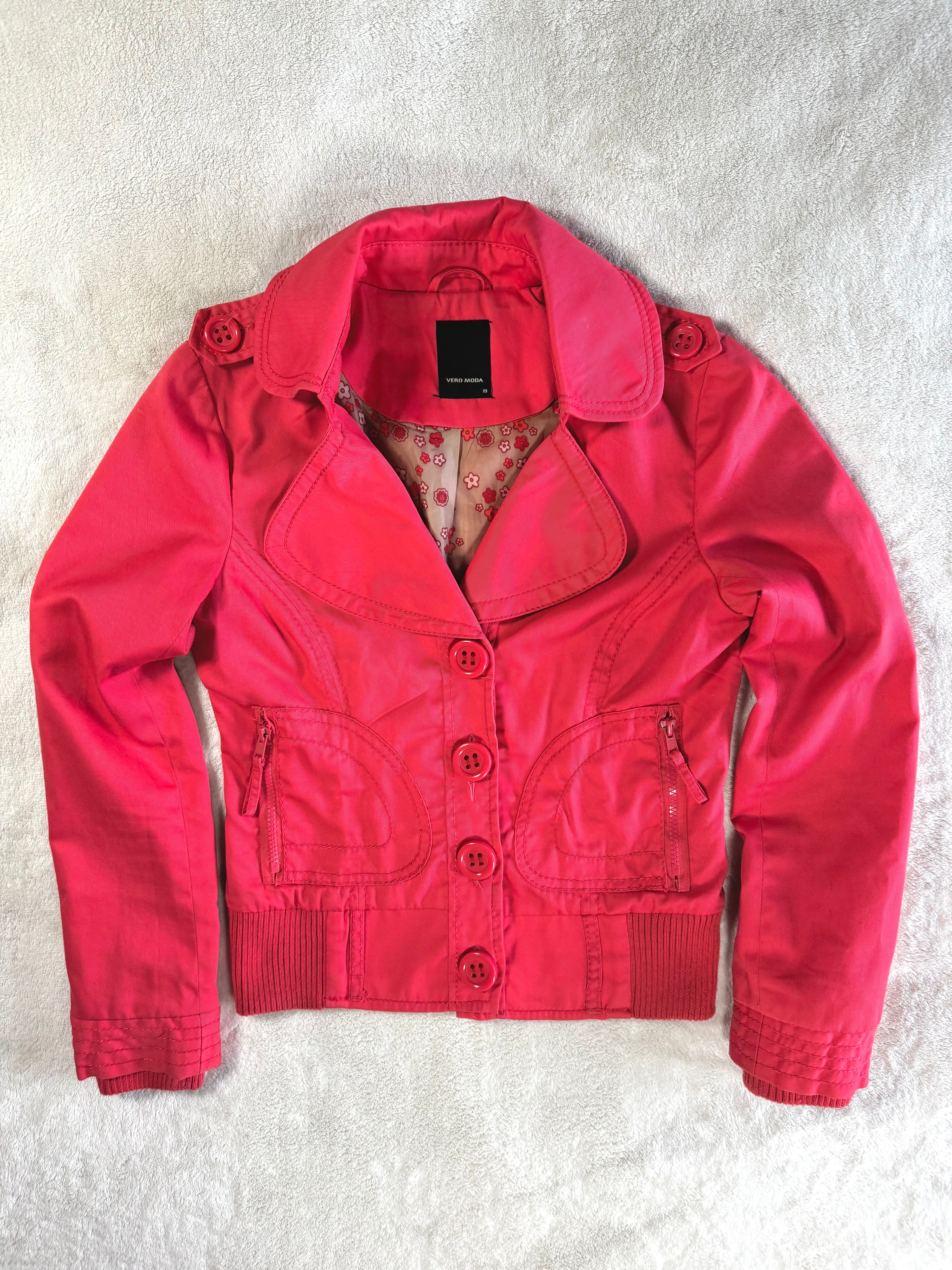y2k vintage coral red fitted bomber jacket peacoat with zip pockets and chunky buttons