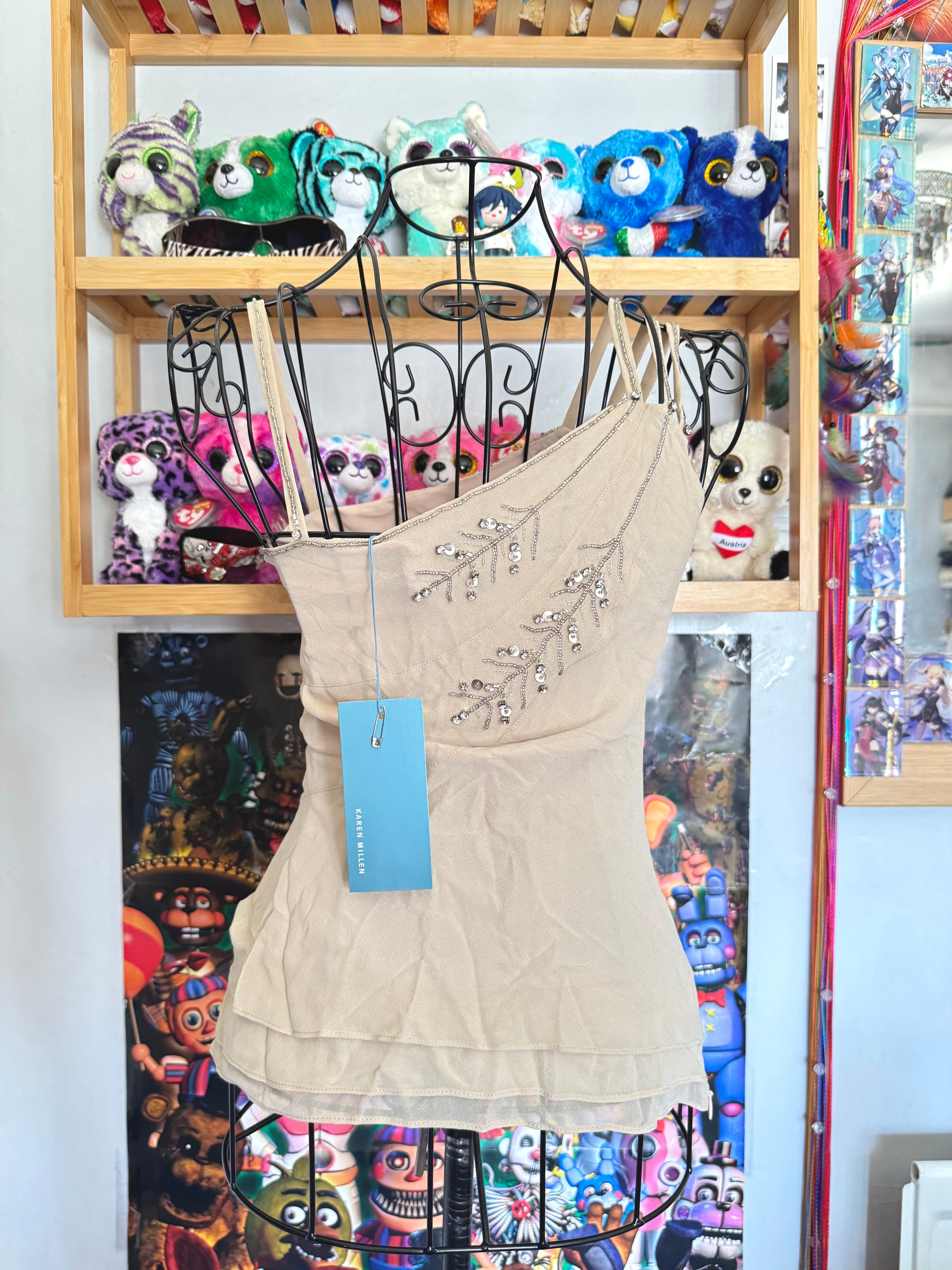 y2k vintage bnwt deadstock beige fitted layered silk cami top with feathering and sequins