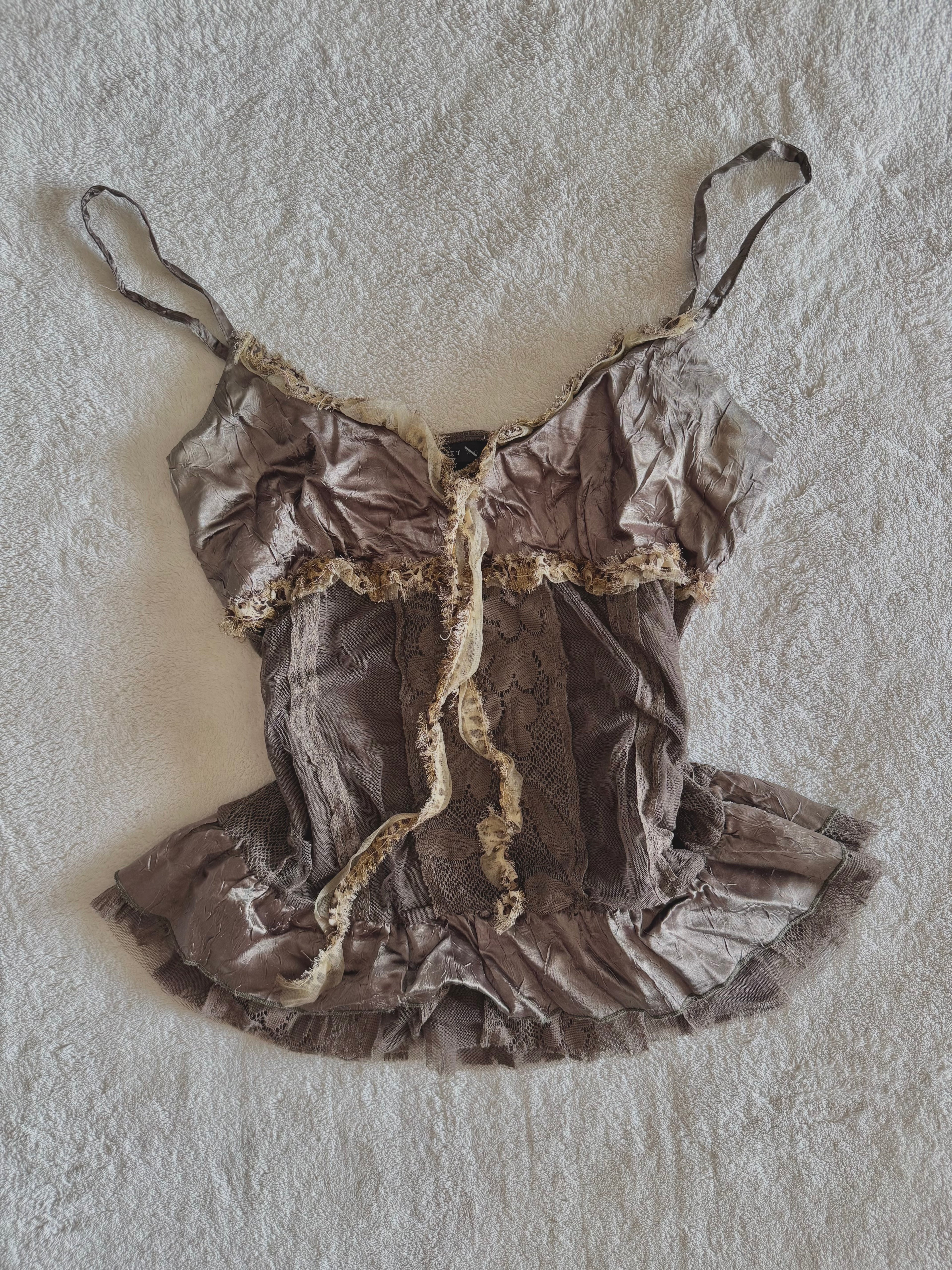 y2k vintage khaki fitted satin and lace cami top with leopard print trimmings fairycore