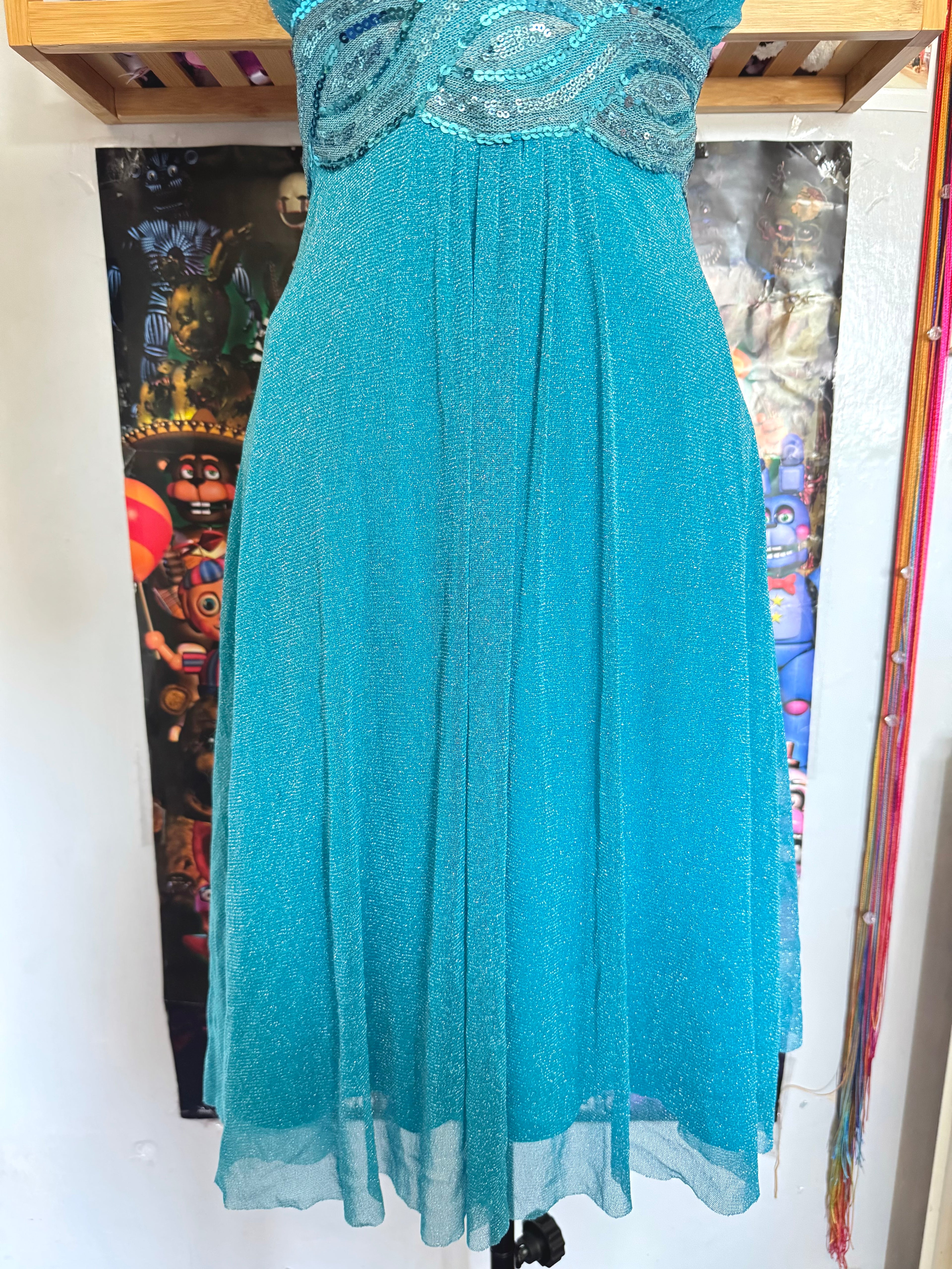 y2k vintage aqua blue shimmery tie back sequin mesh mini dress