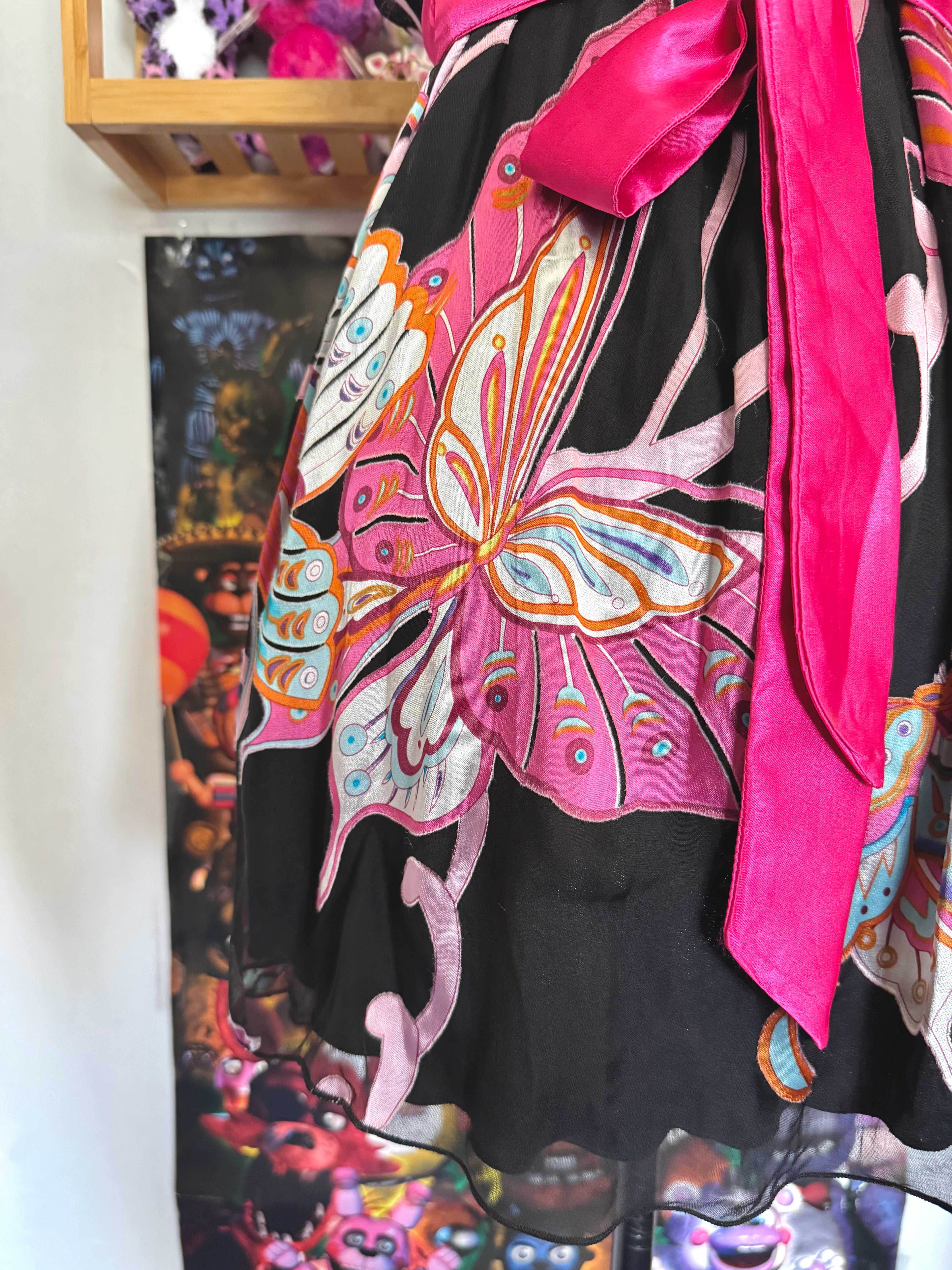 y2k vintage silk black and pink tie back butterfly cami top
