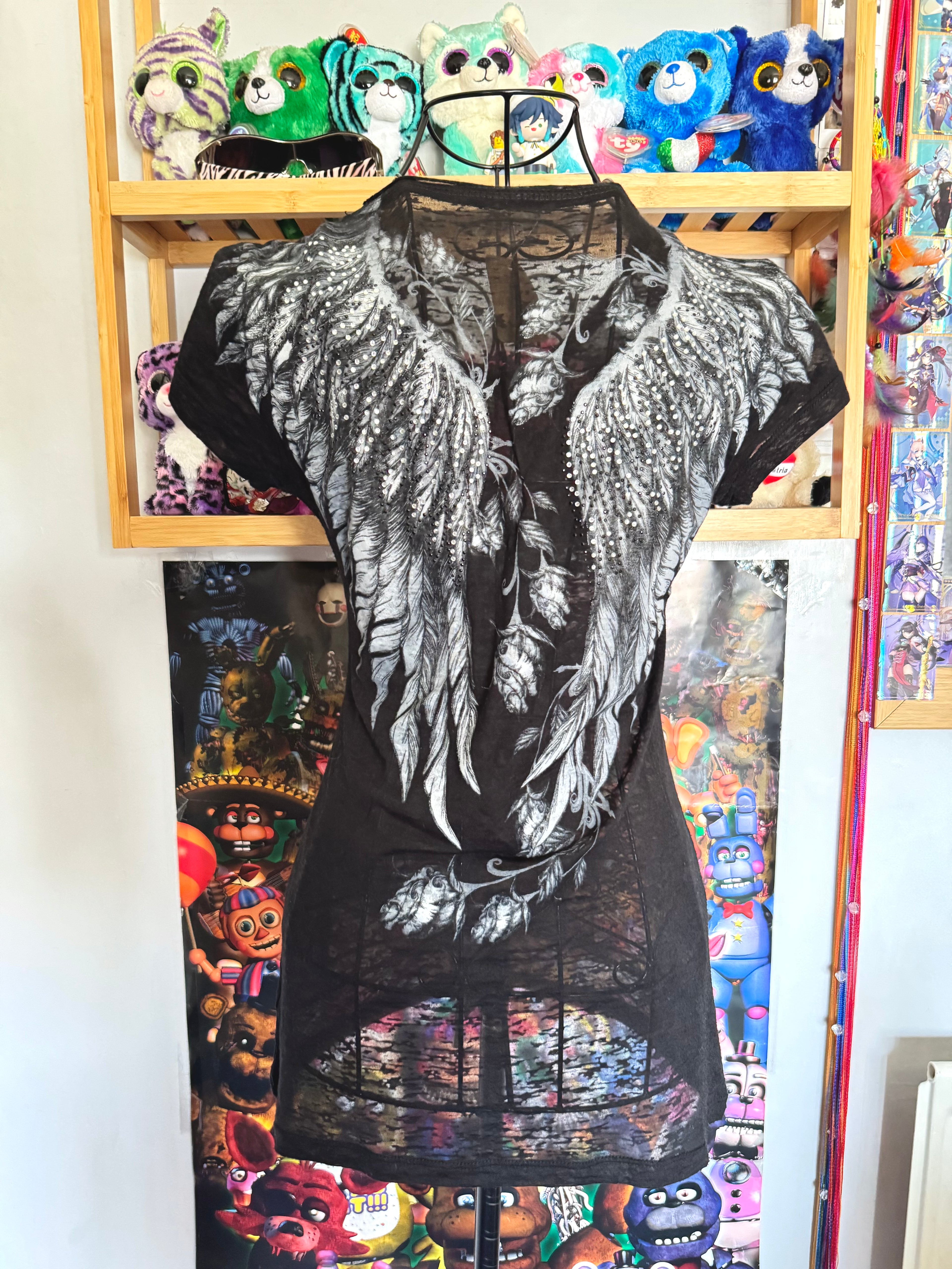 y2k vintage insane graphic angel wings print fitted sheer tee