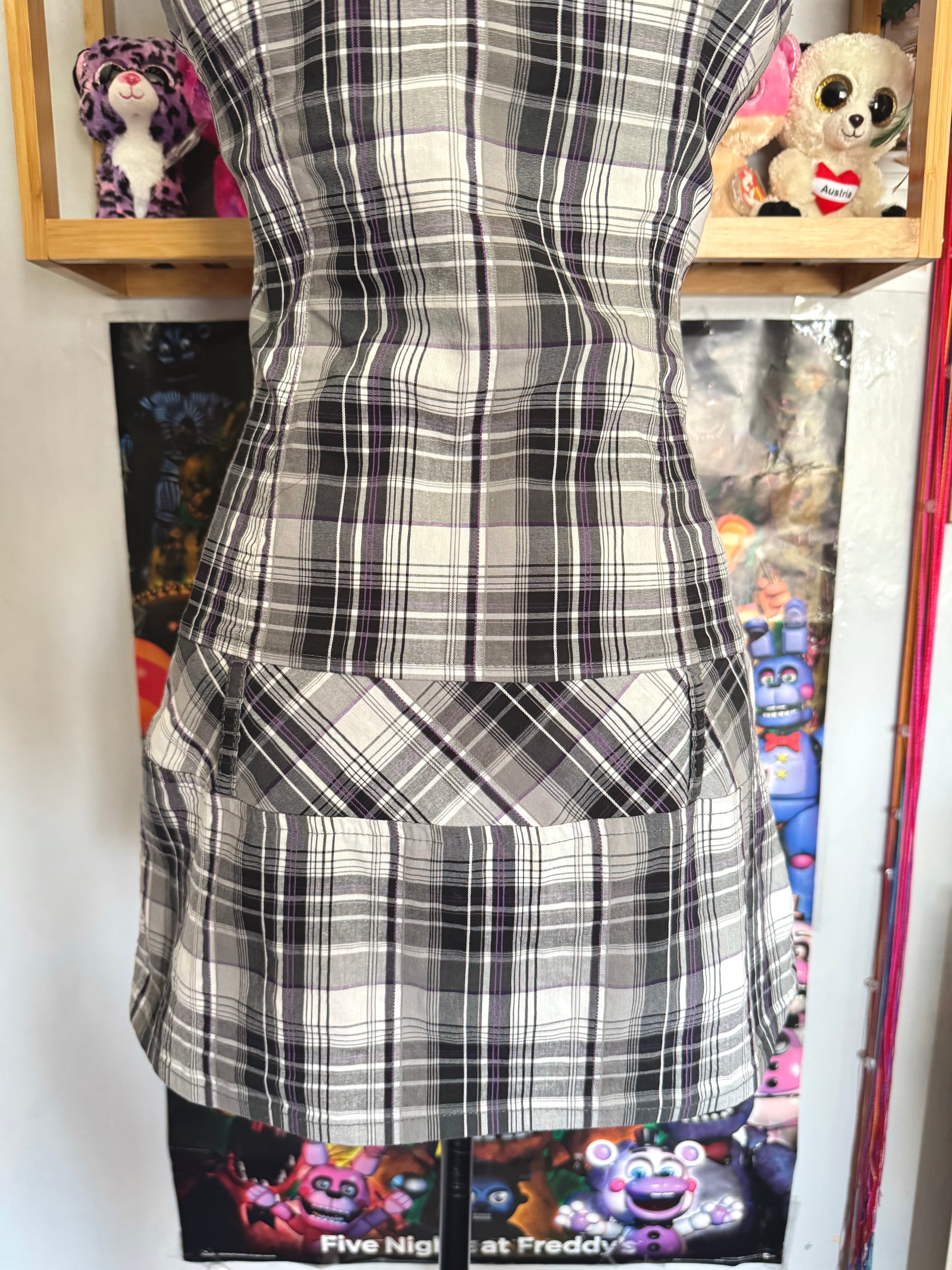 y2k vintage plaid grey and purple fitted button up mini dress officecore office siren