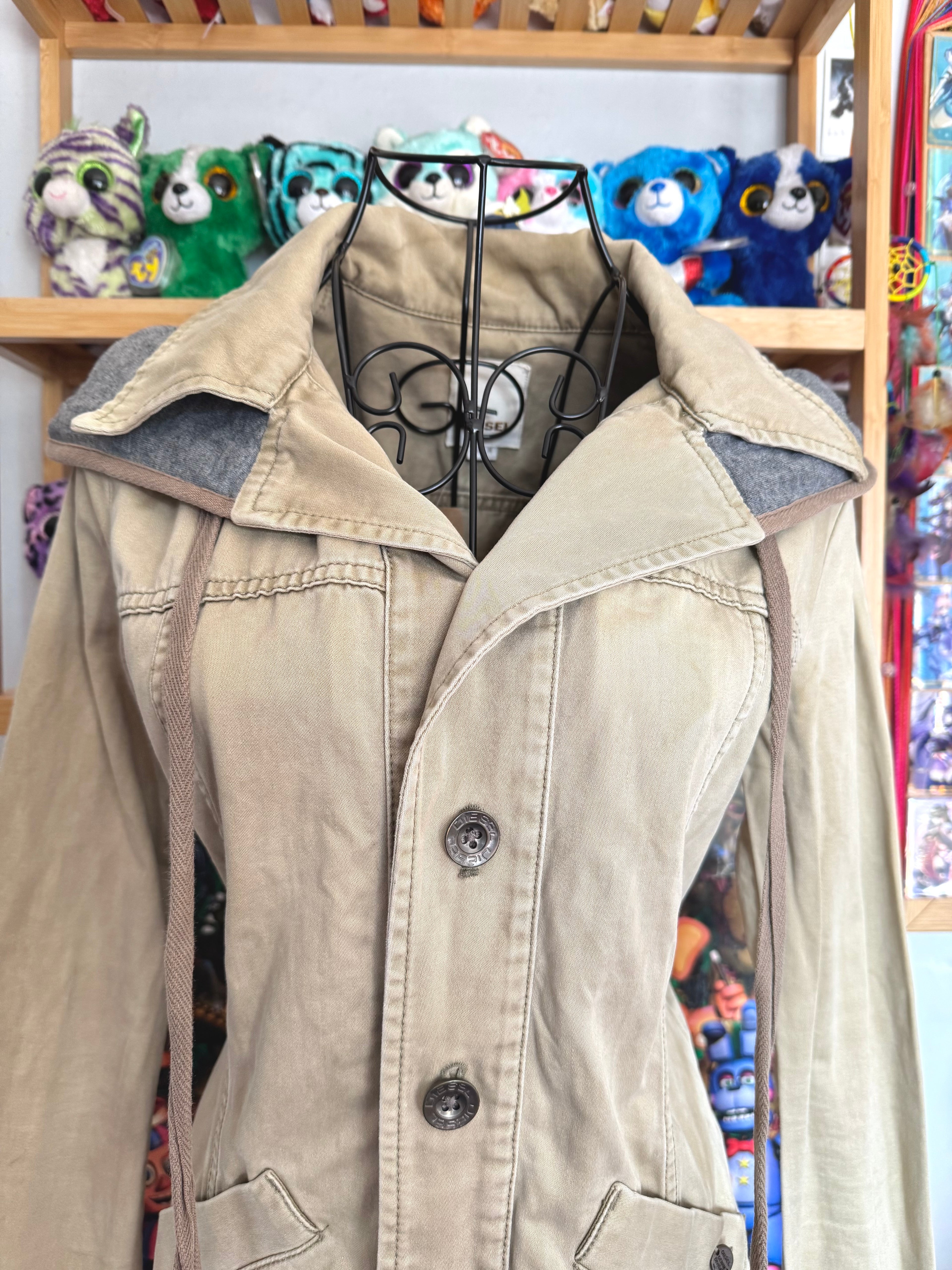 y2k vintage fitted button up archival hooded pleated trench coat archival drawstring