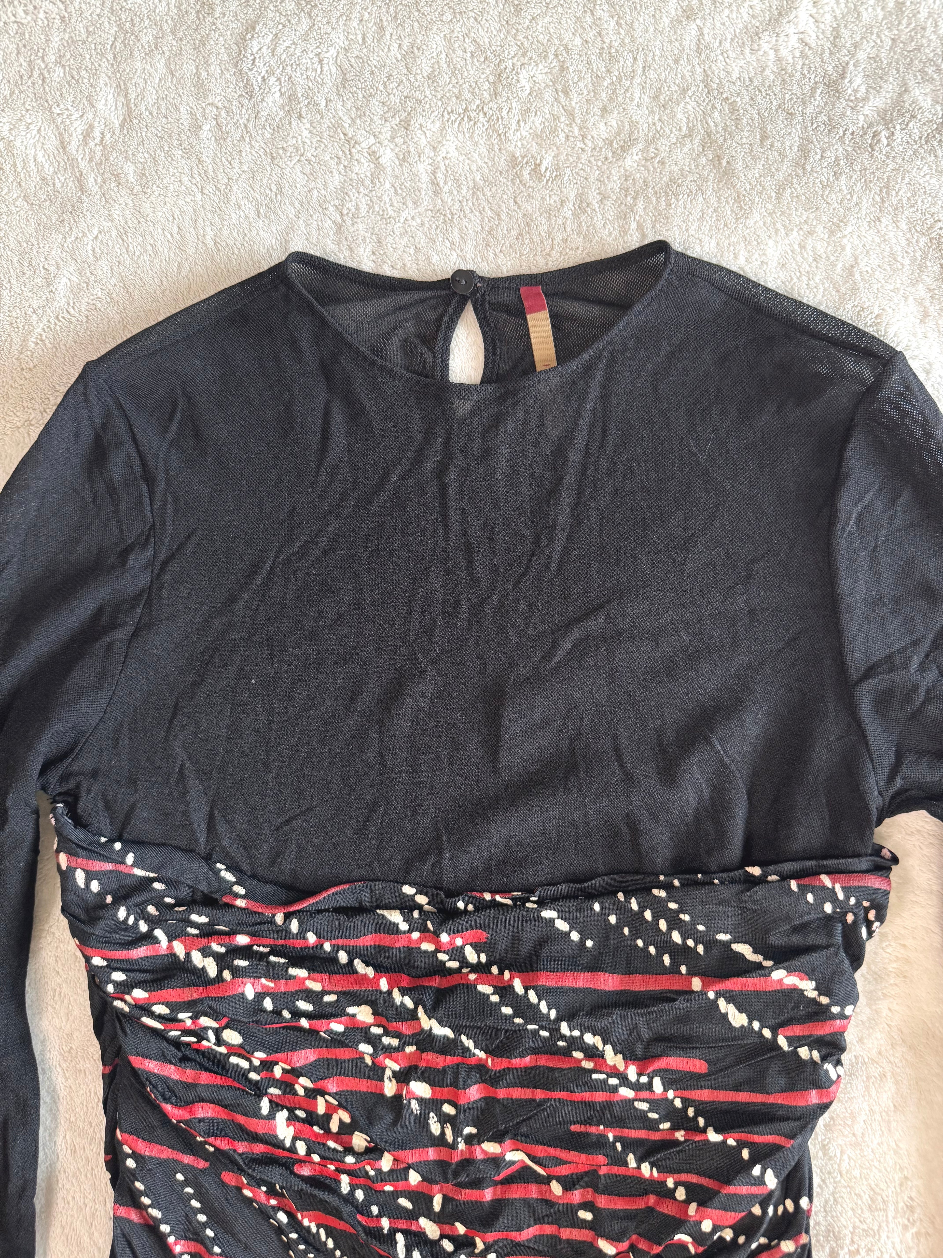 y2k vintage fitted ruched mesh long sleeved top with red slinky swirl pattern body