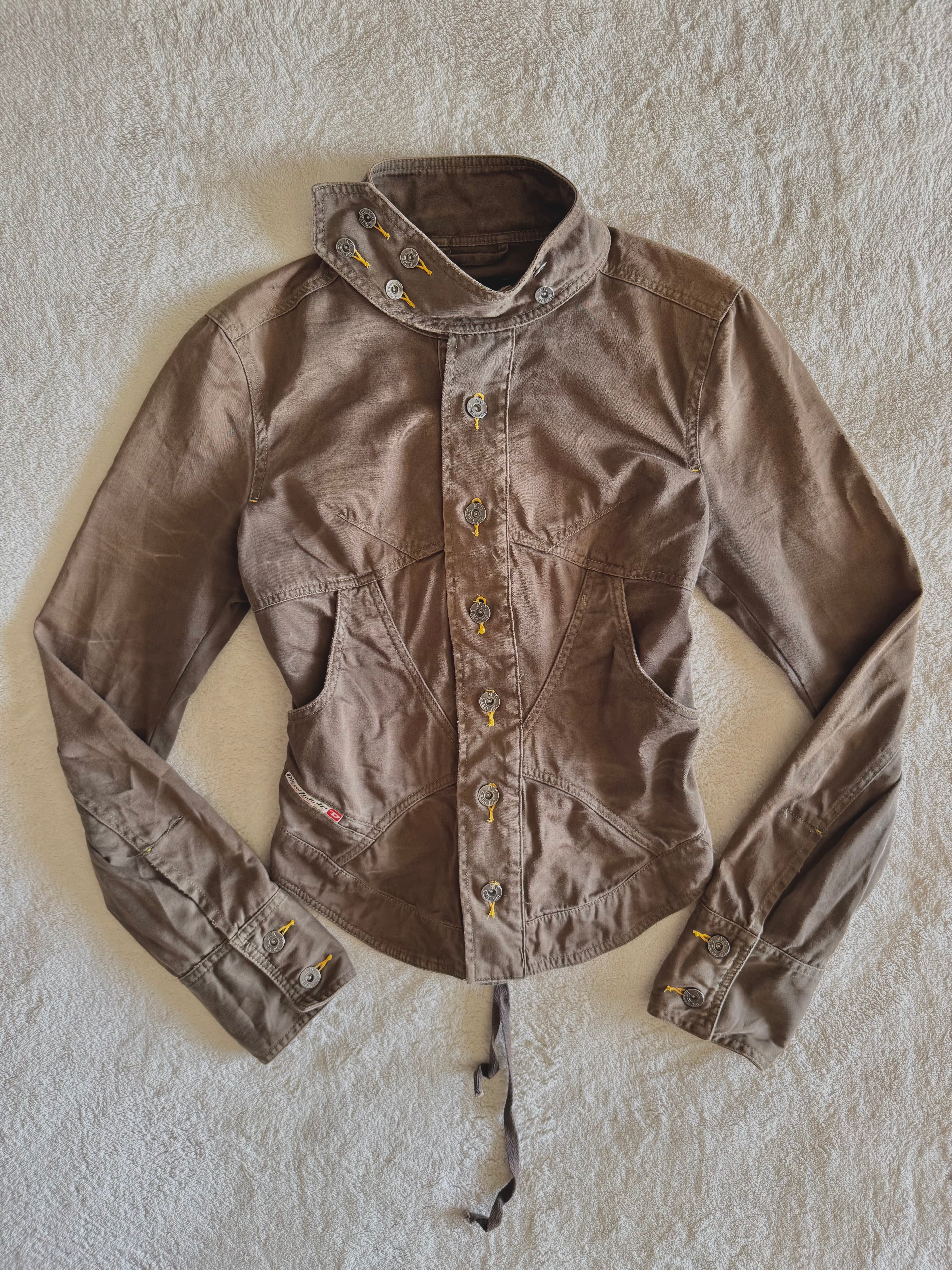 y2k vintage brown button up fitted funnel neck corset lace back jacket viral pinterest