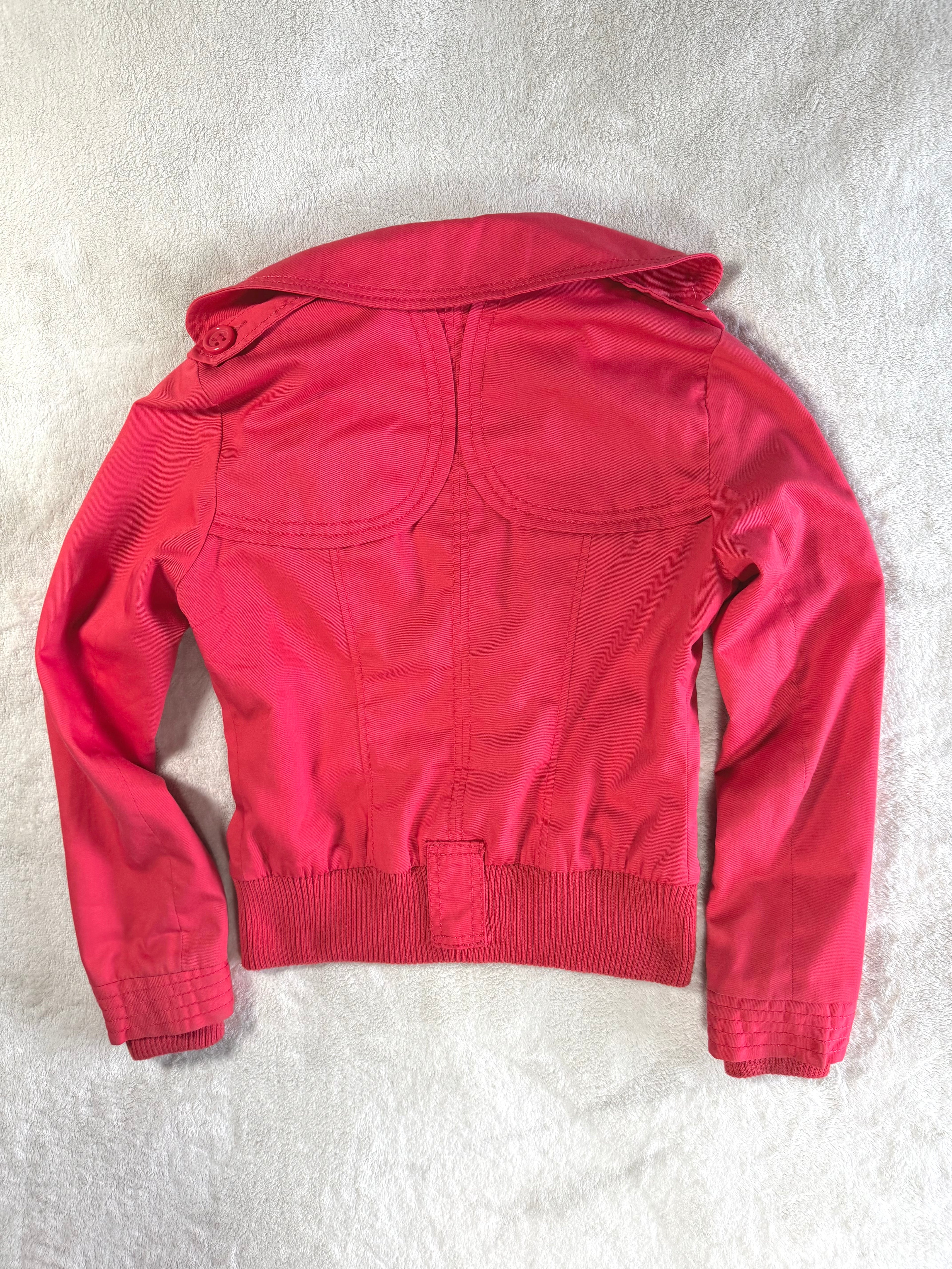 y2k vintage coral red fitted bomber jacket peacoat with zip pockets and chunky buttons