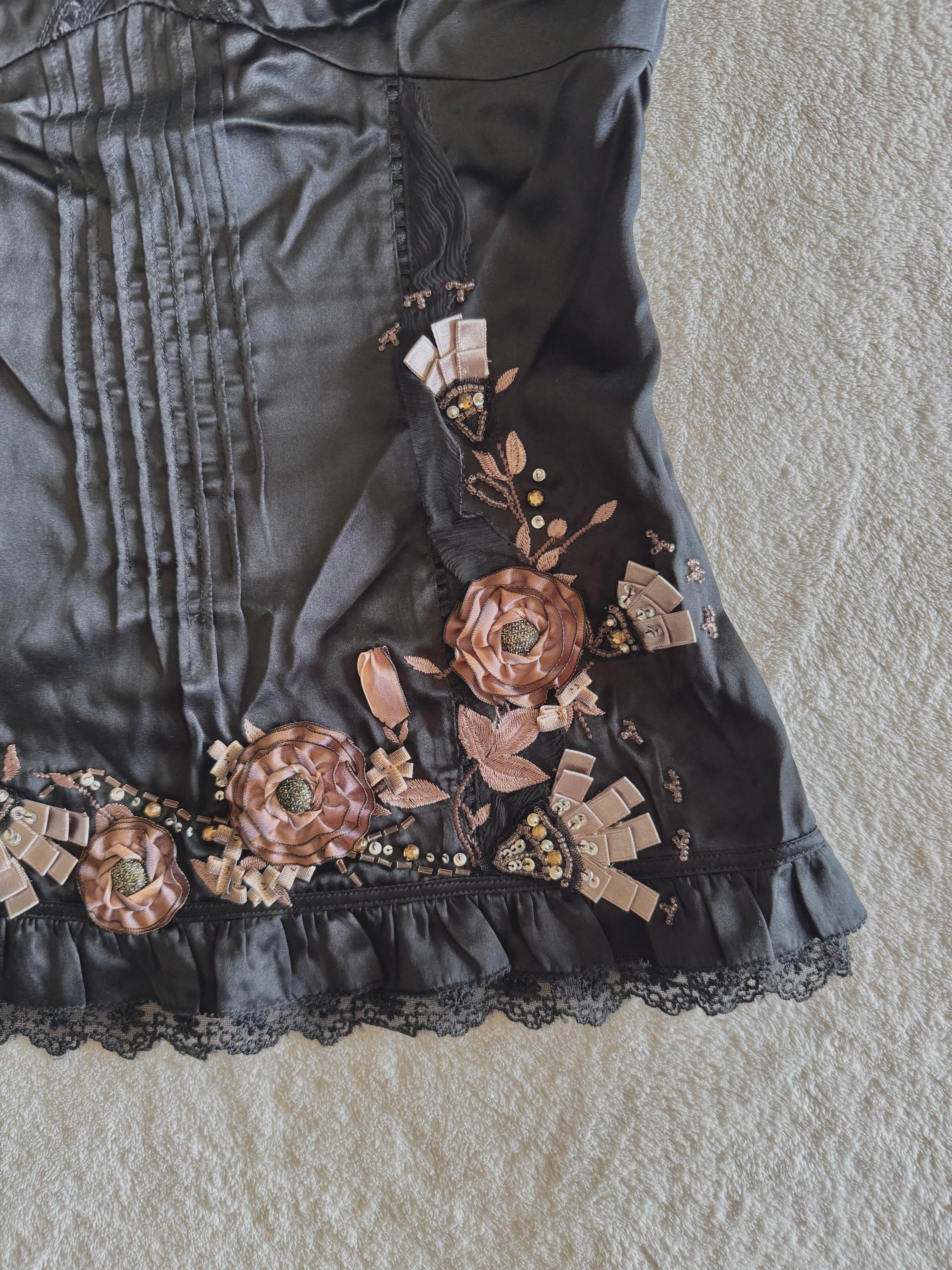 y2k vintage silk co-ord cami top and mini skirt with 3D blossoms embellished