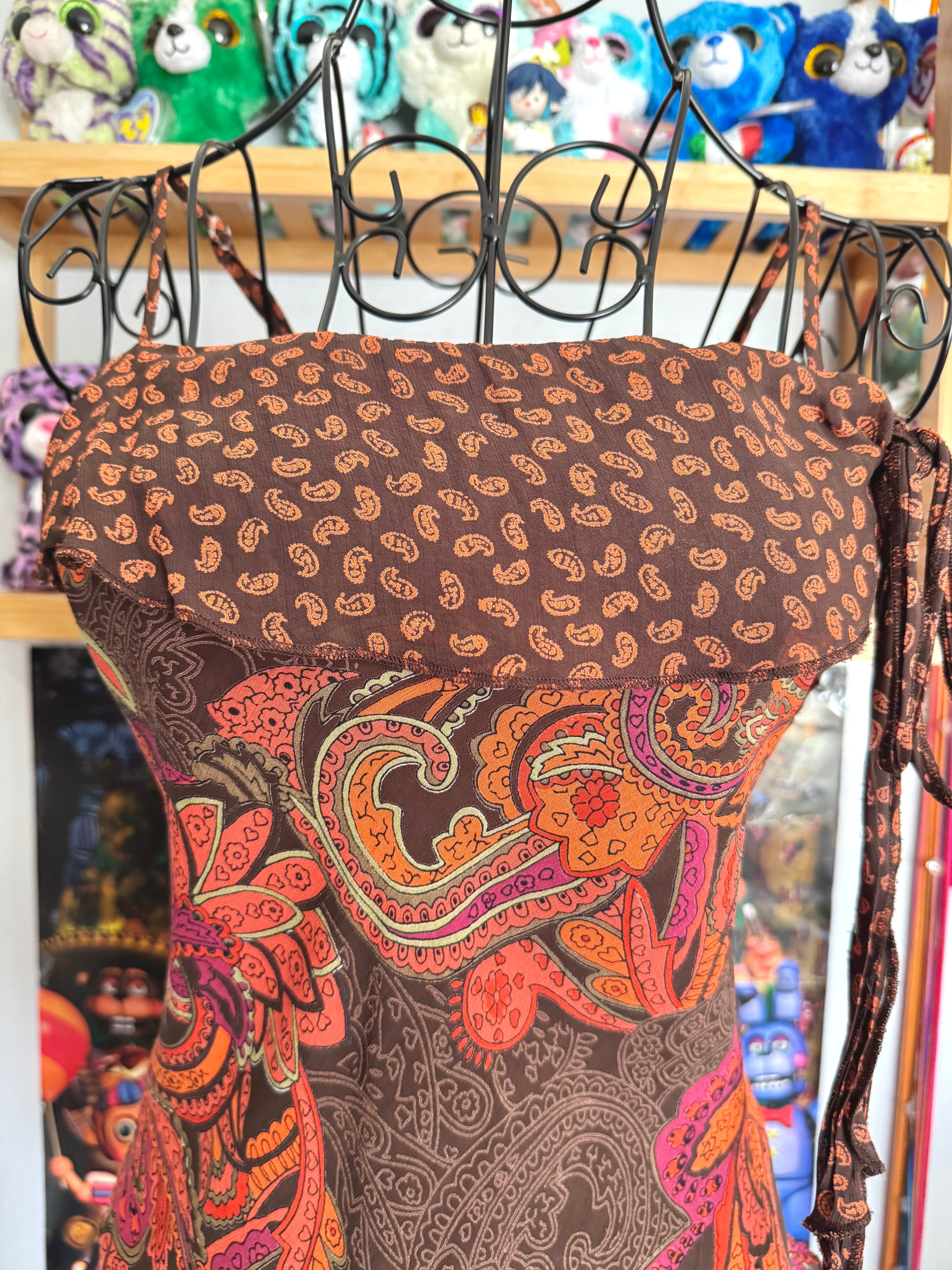 y2k vintage fitted brown and orange paisley print cami top