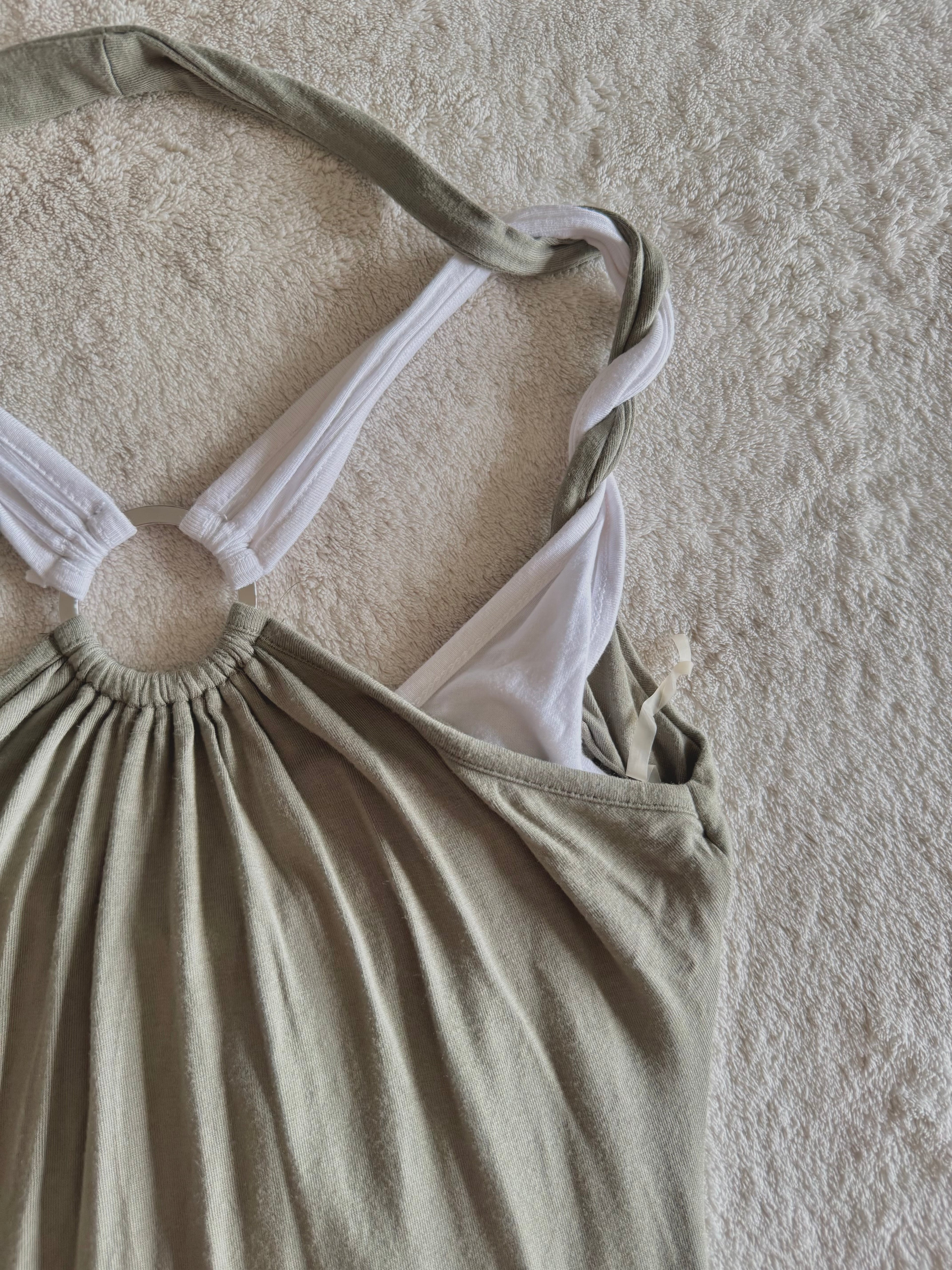 y2k vintage khaki green and white layered cowl neck fitted top with o-ring back