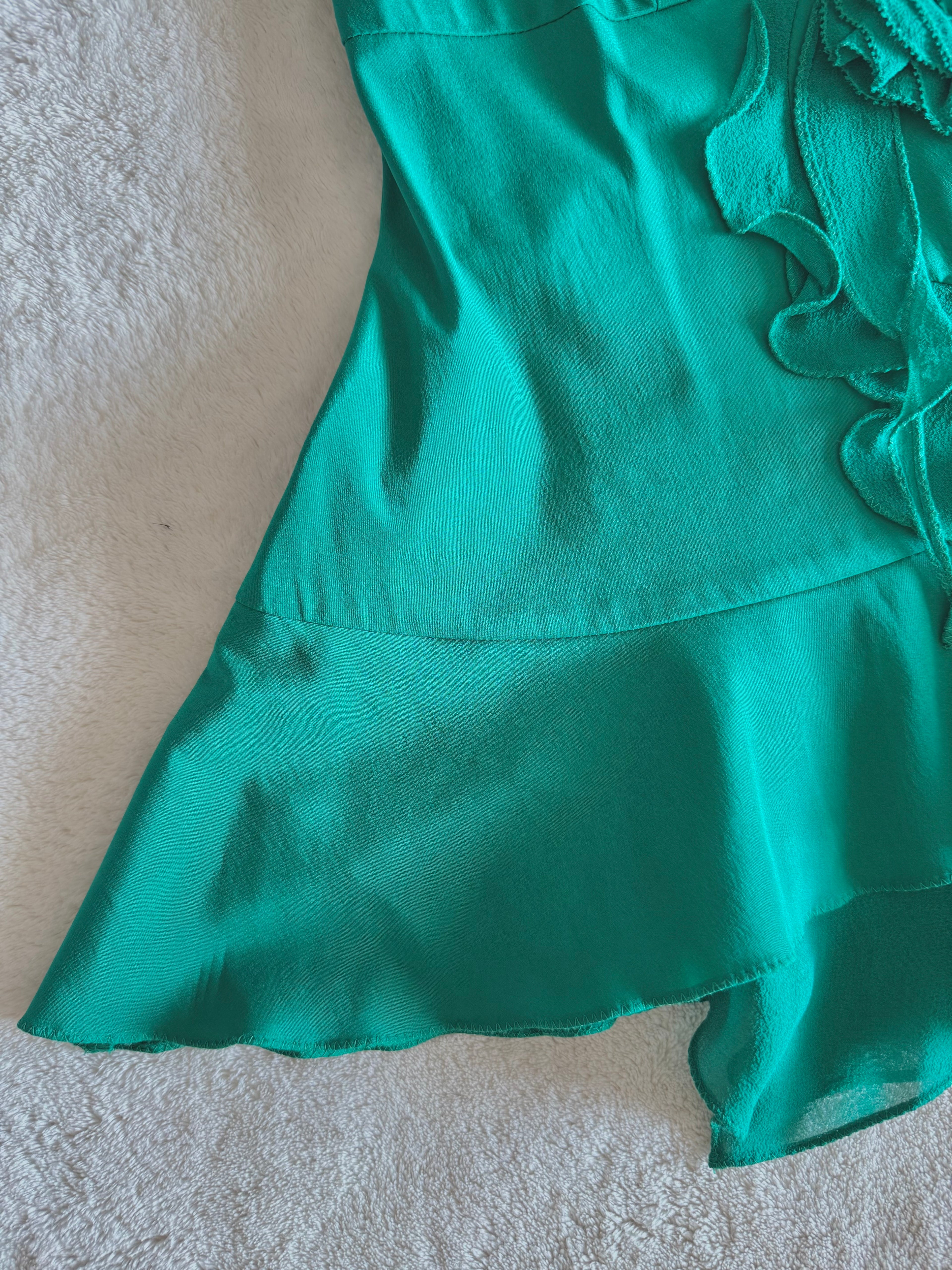 y2k vintage silk emerald green floral layered asymmetrical hem cami top