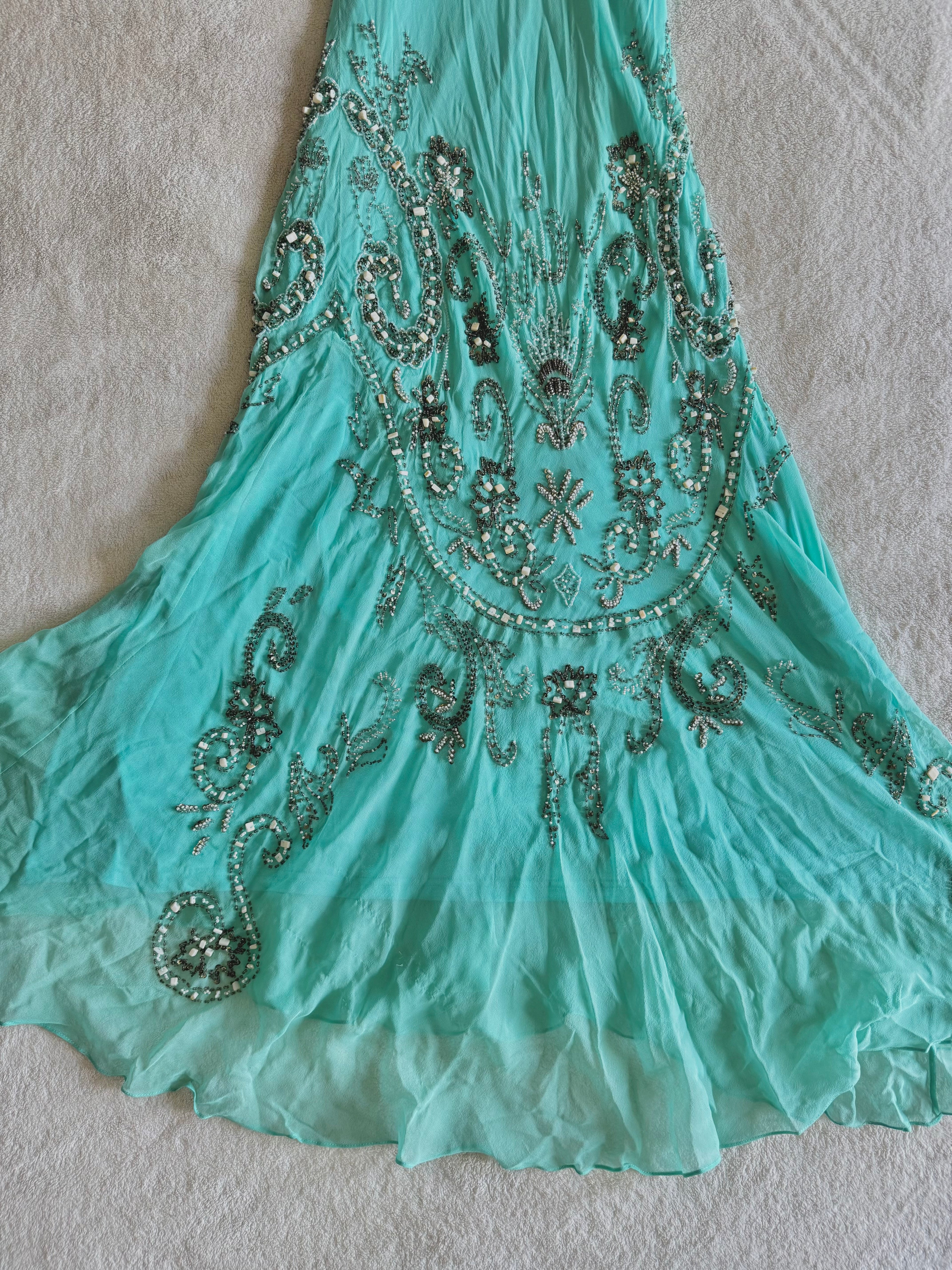 vintage 90’s turquoise blue silk heavily beaded handmade fishtail maxi dress mermaid core