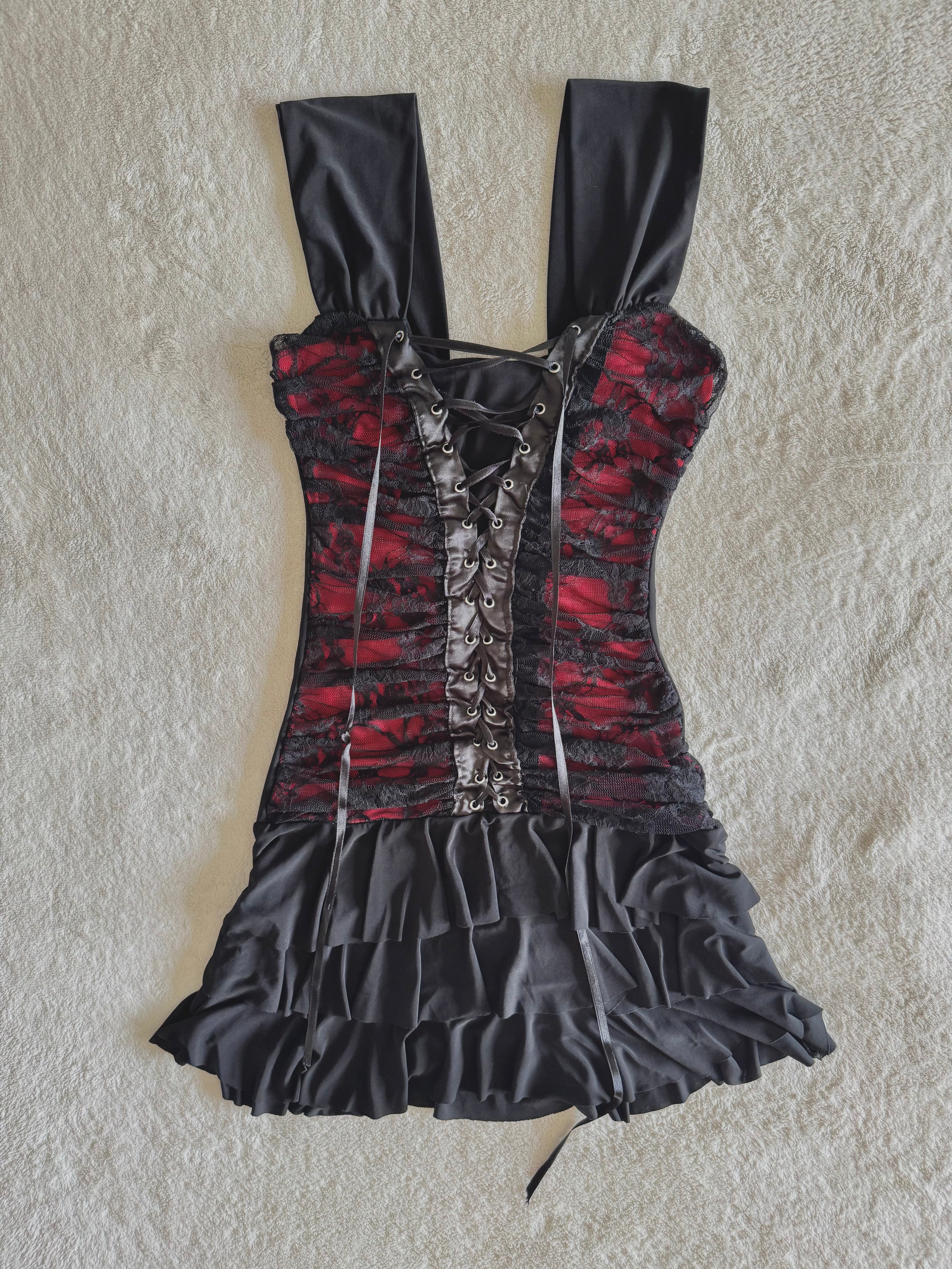 y2k vintage malgoth ruffle tiered lace up corset style mini dress