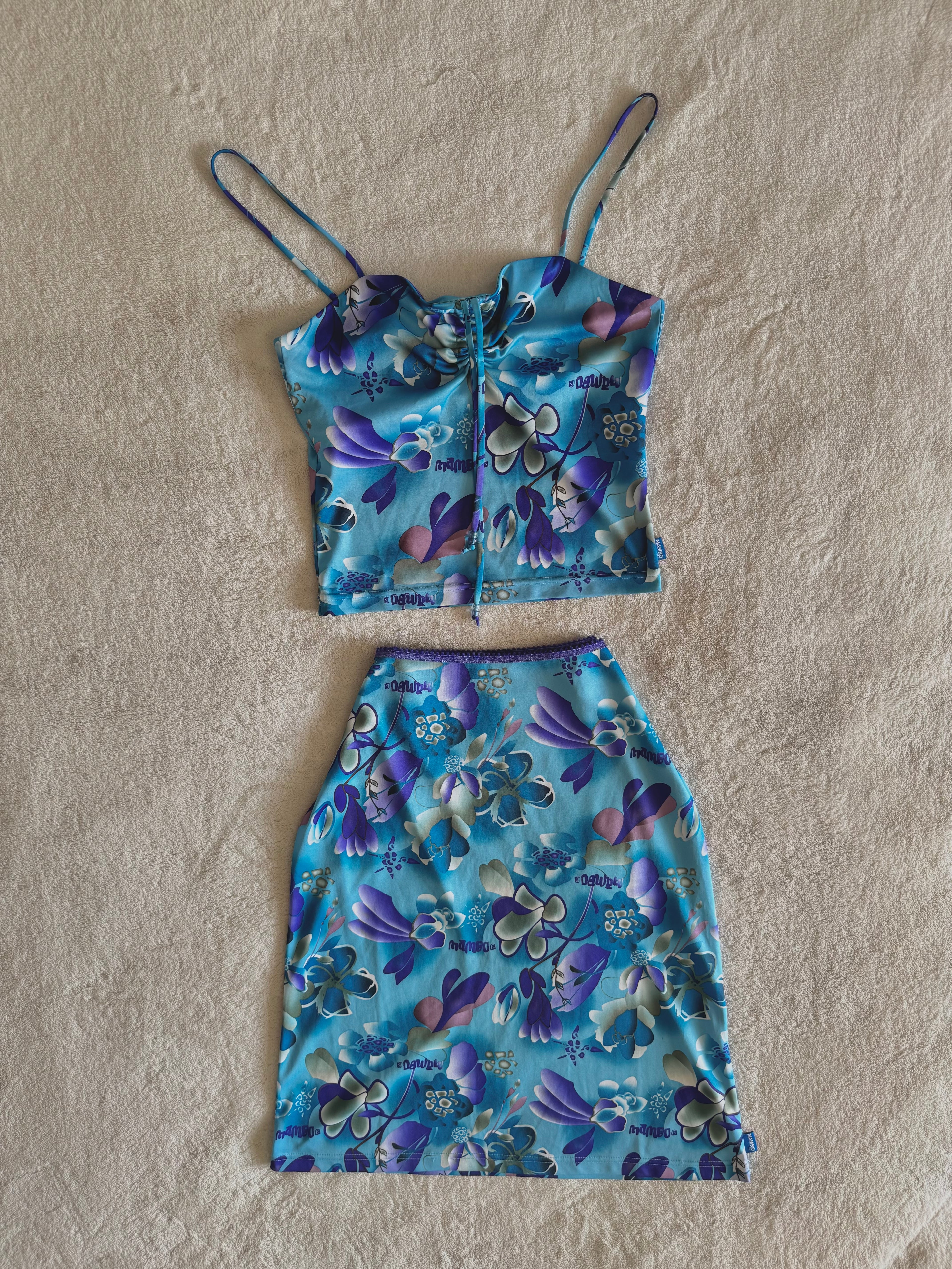 y2k vintage aqua blue h2o floral print two piece midi skirt and cami top set