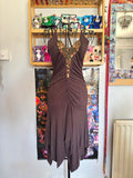y2k vintage chocolate brown rushed asymmetrical hem midi halterneck dress with golden sequins