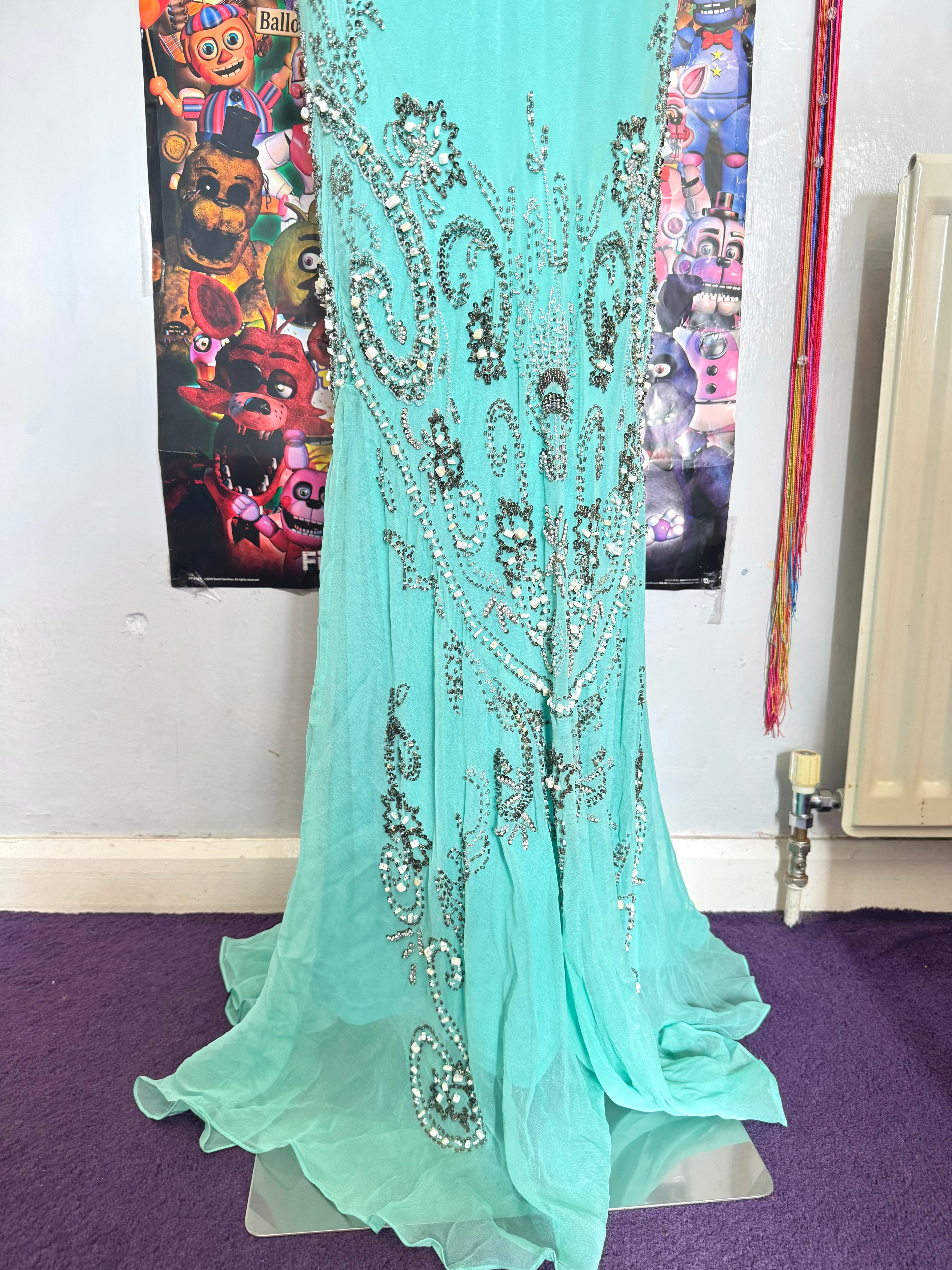 vintage 90’s turquoise blue silk heavily beaded handmade fishtail maxi dress mermaid core
