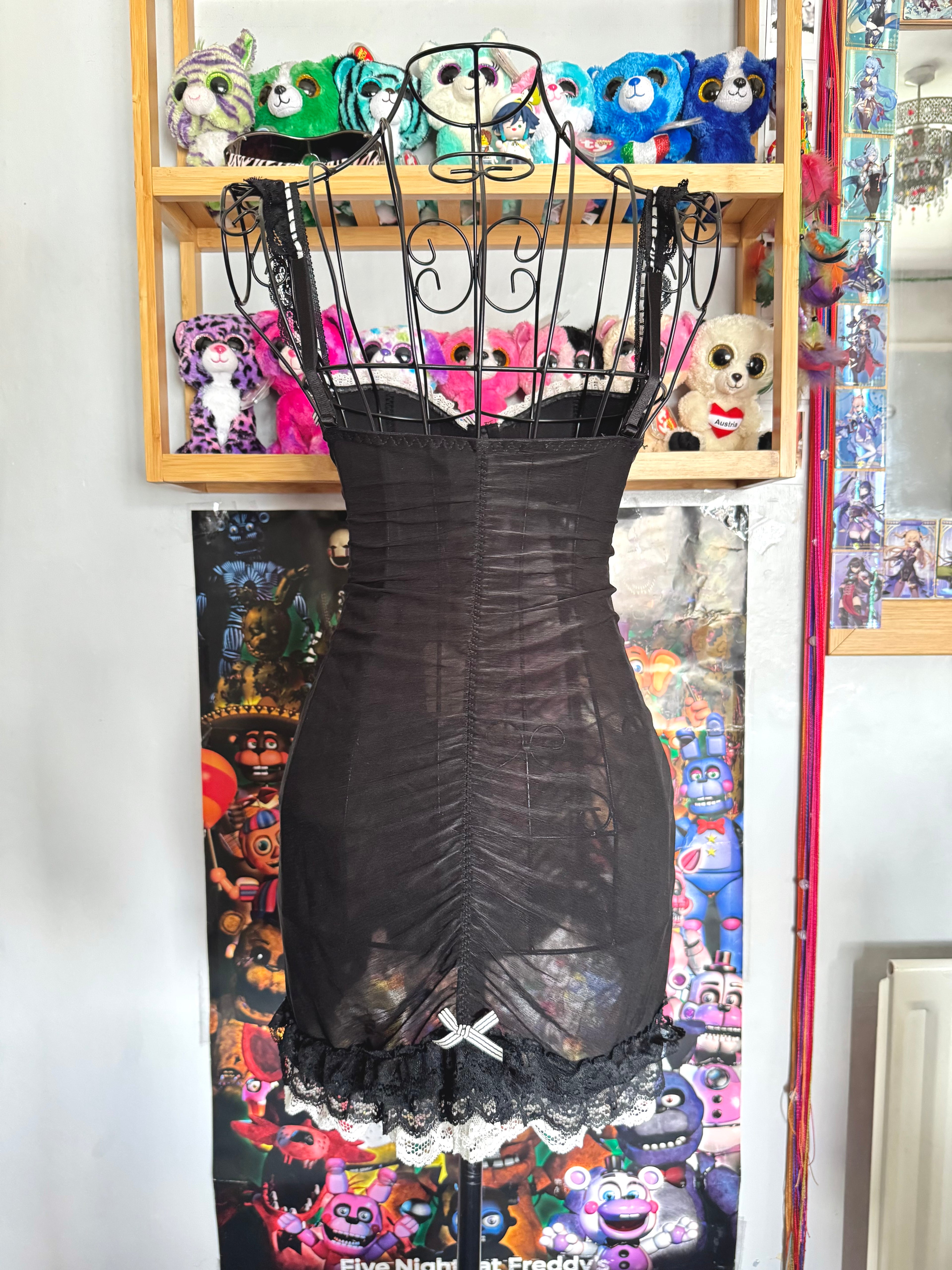 y2k vintage black ruched fitted sheer mesh babydoll top gothic
