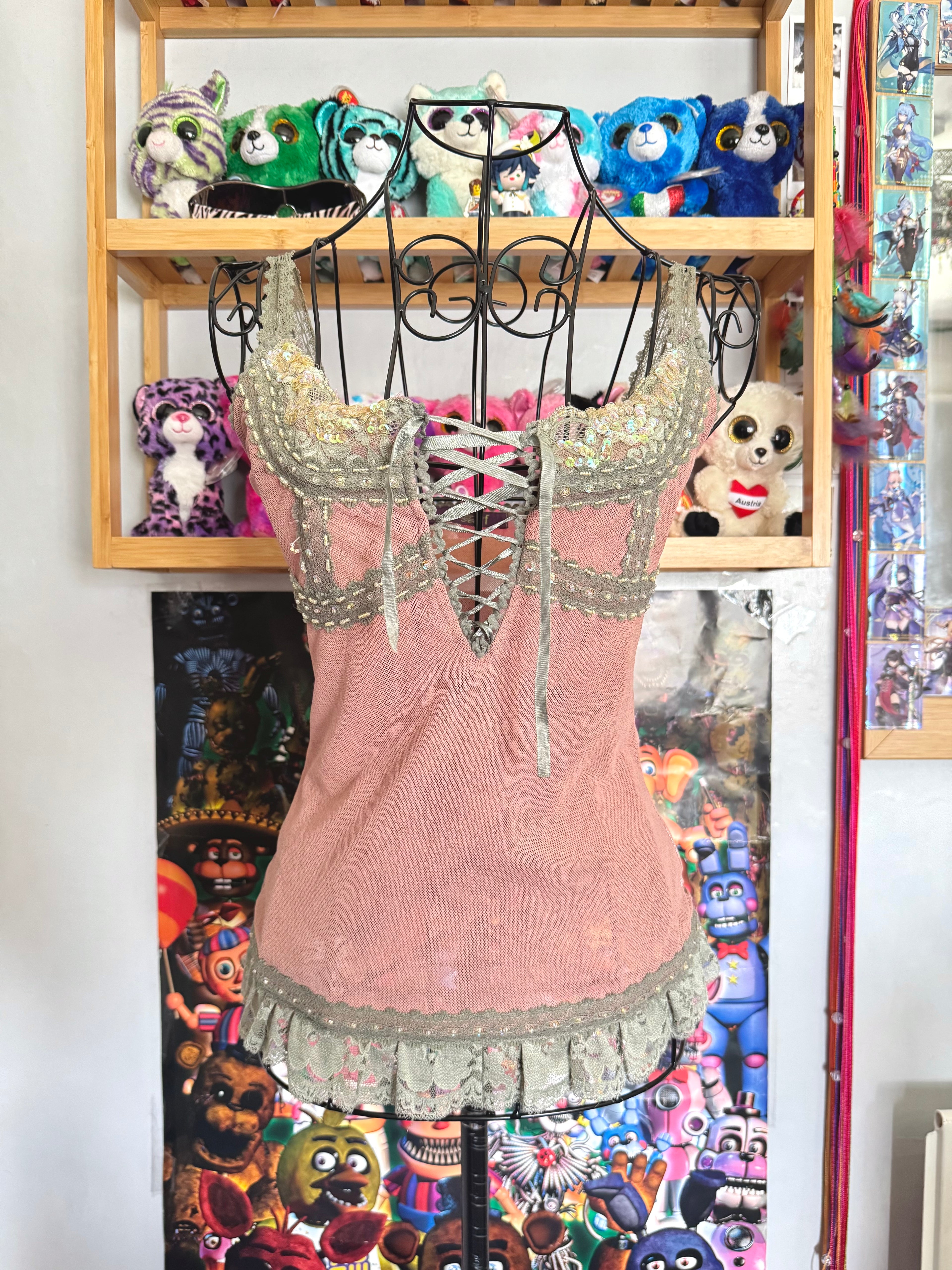 y2k vintage dusky pink and green fitted lace up front cami top fairycore
