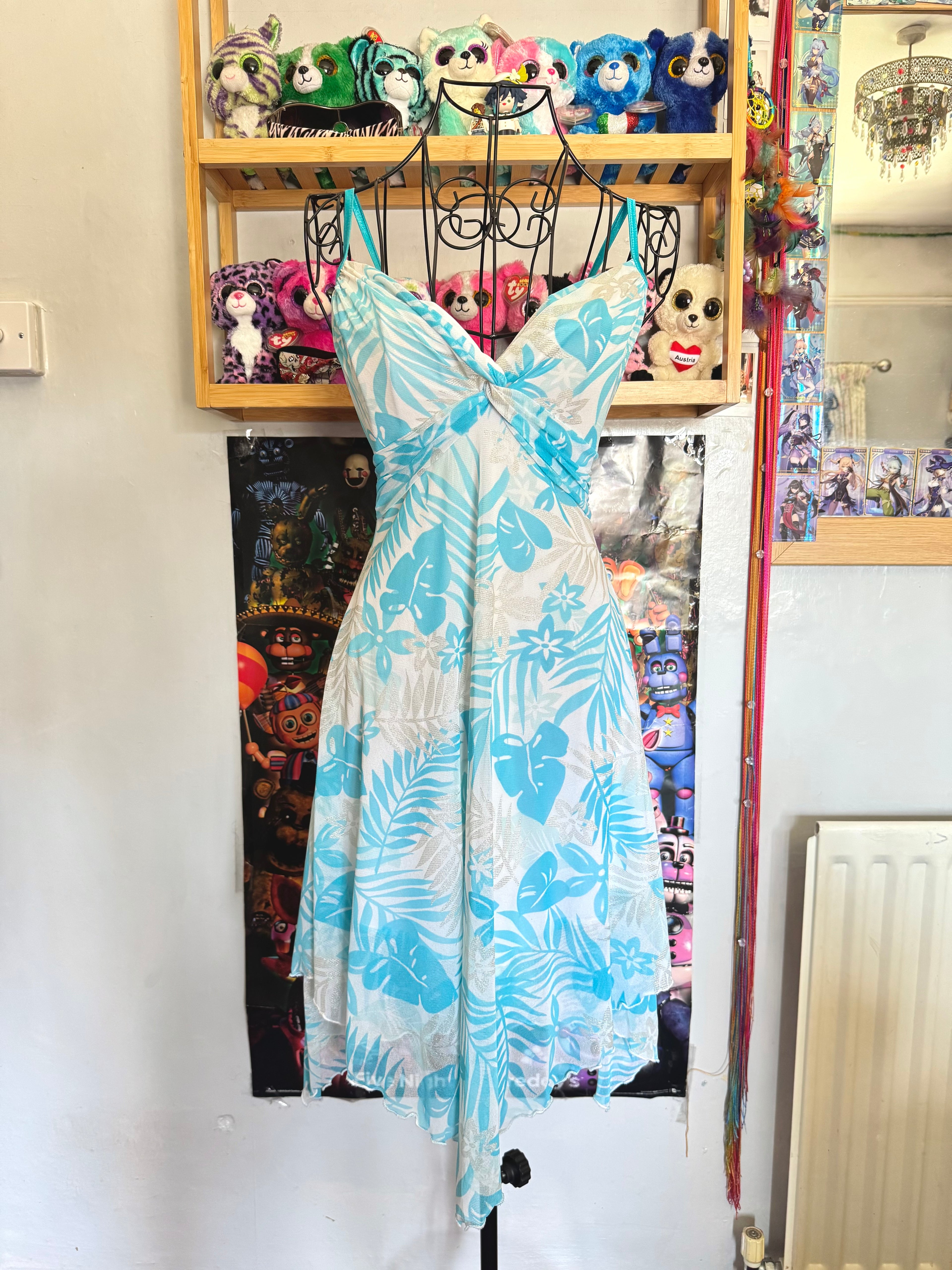 y2k vintage tie back turquoise blue mesh asymmetrical lettuce hem mini dress