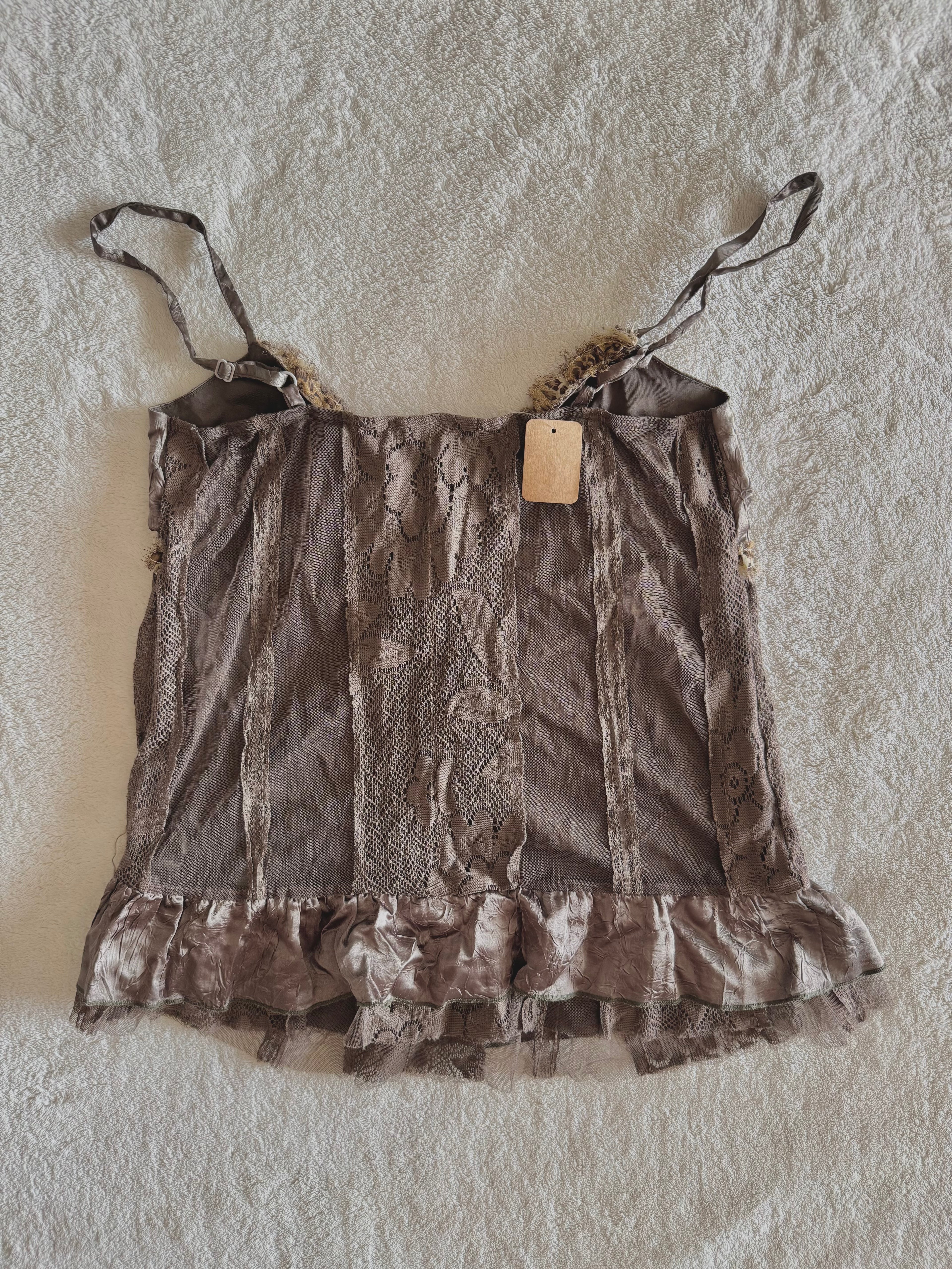 y2k vintage khaki fitted satin and lace cami top with leopard print trimmings fairycore