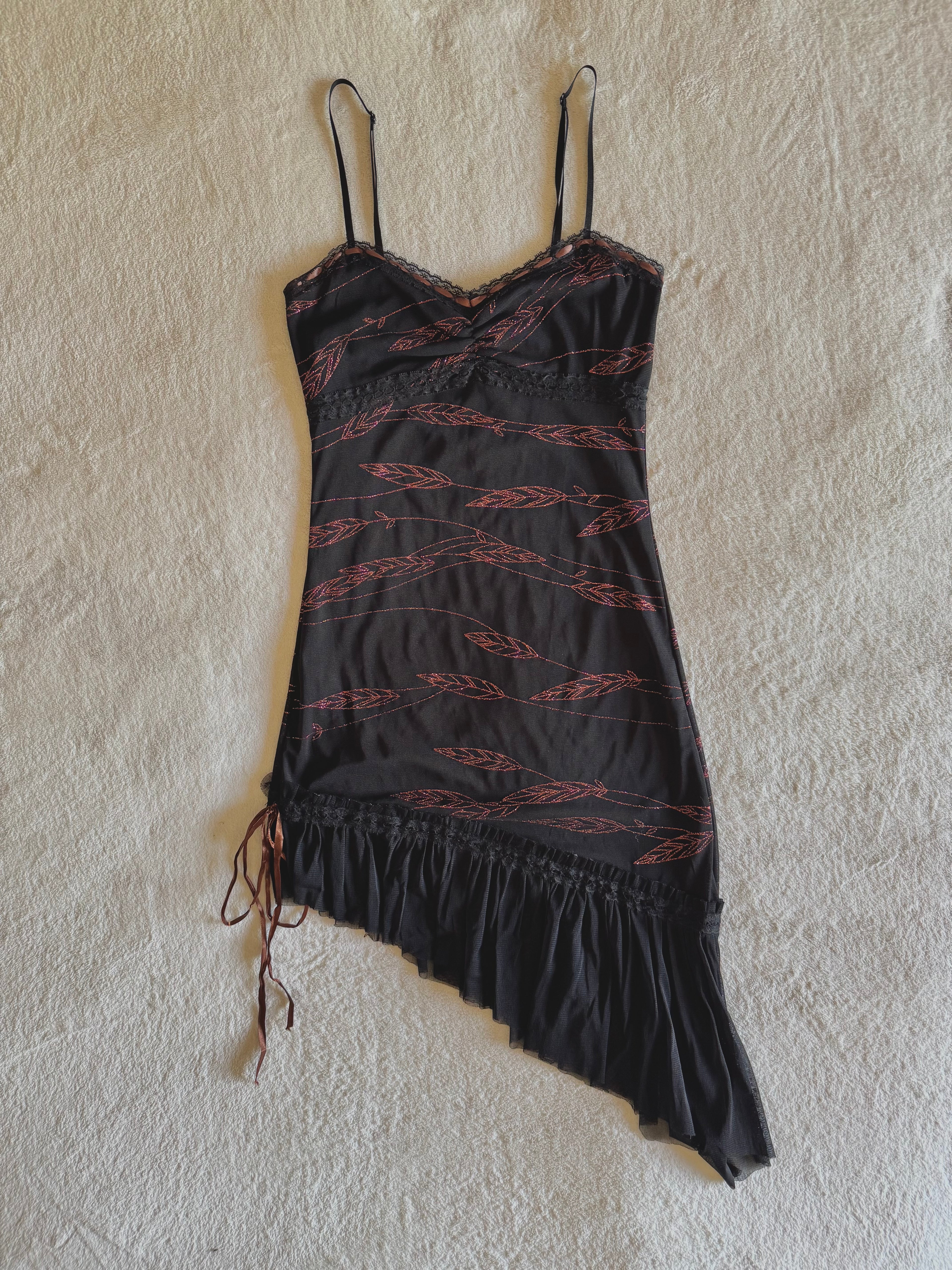 y2k vintage black asymmetrical hem mesh midi dress with bronze shimmer