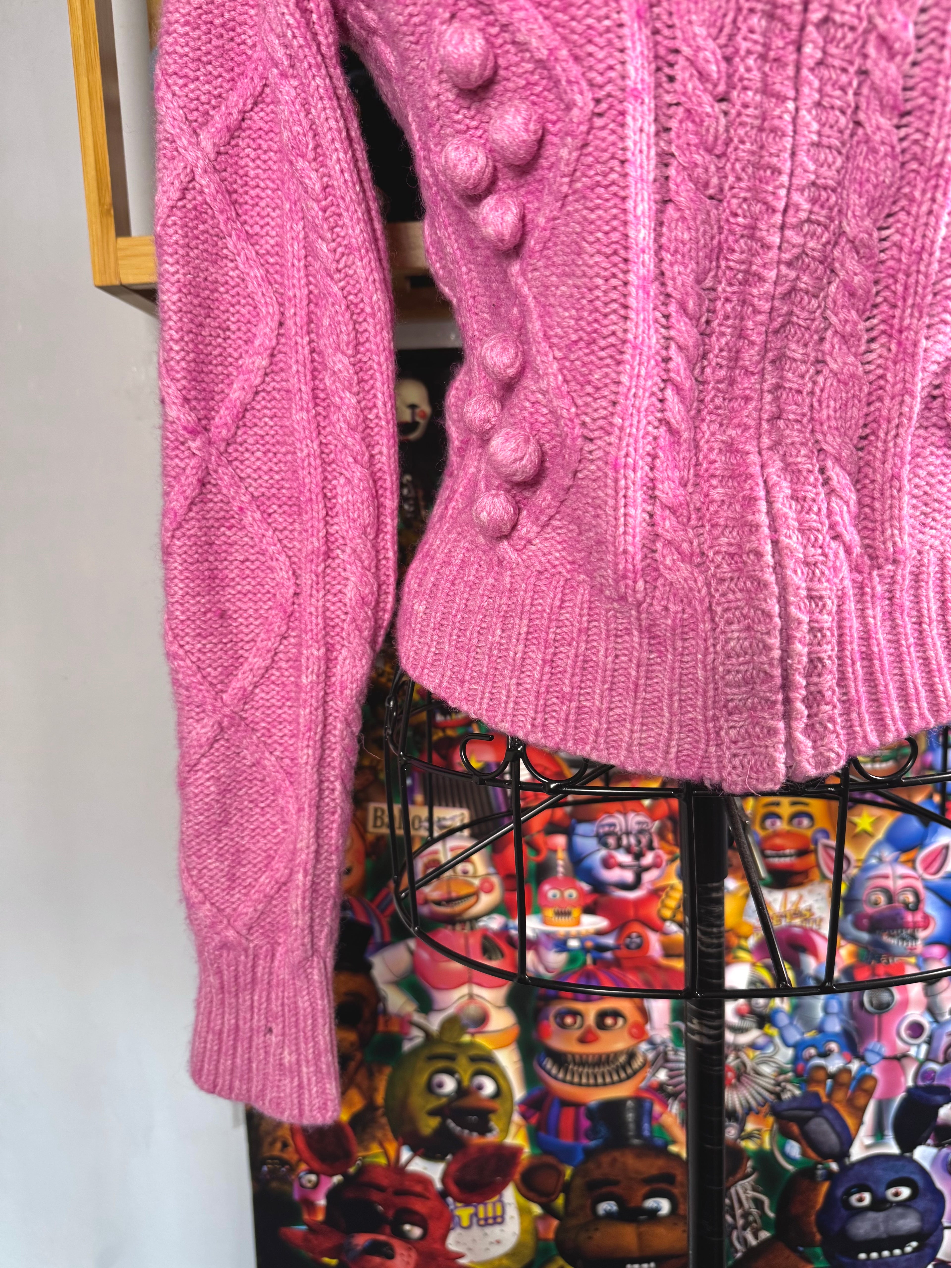 y2k vintage pink fitted cropped chunky cosy zip up jumper with bobbles