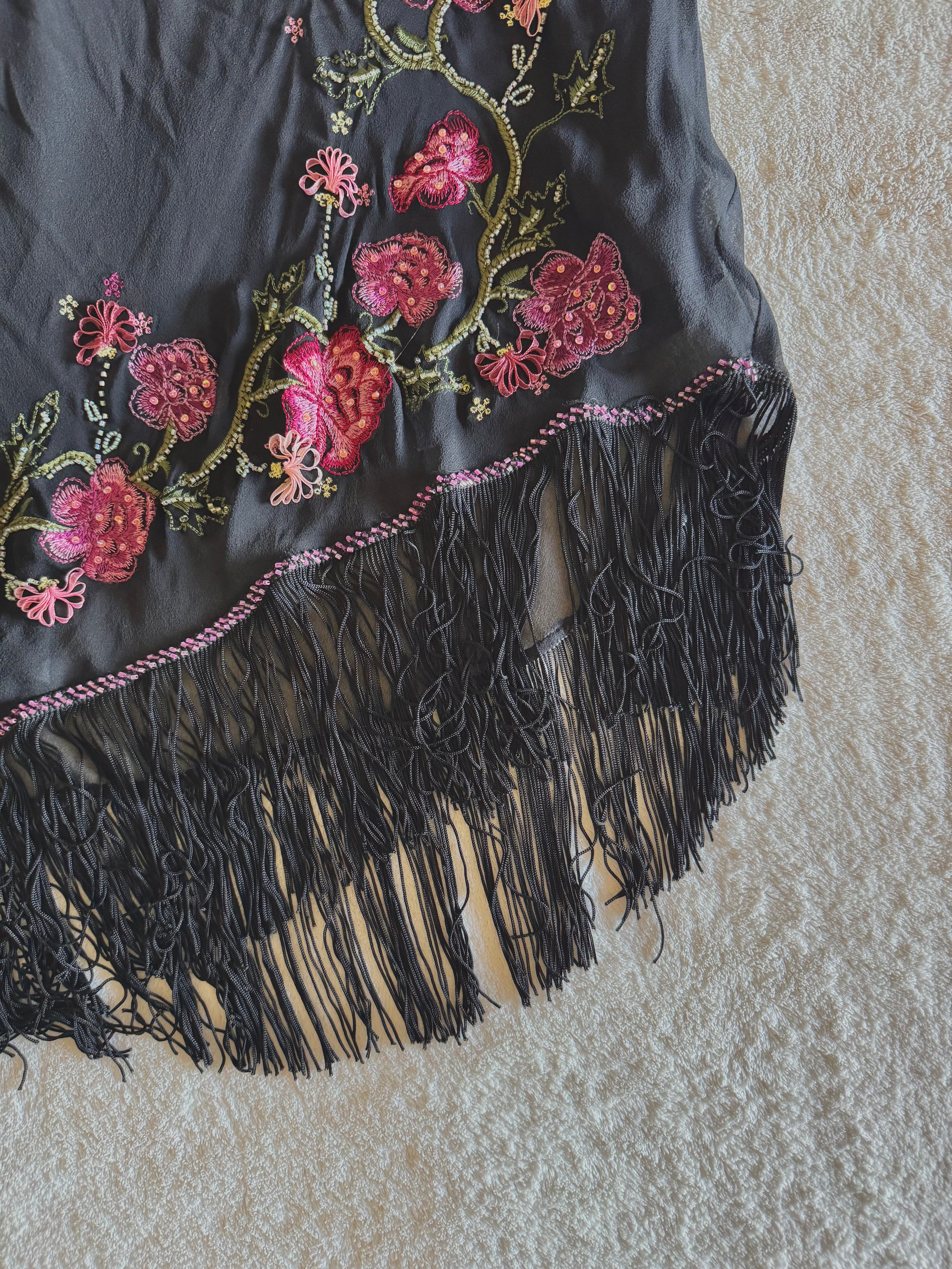 y2k vintage silk asymmetrical hem tassel maxi dress with beautiful floral embroidery