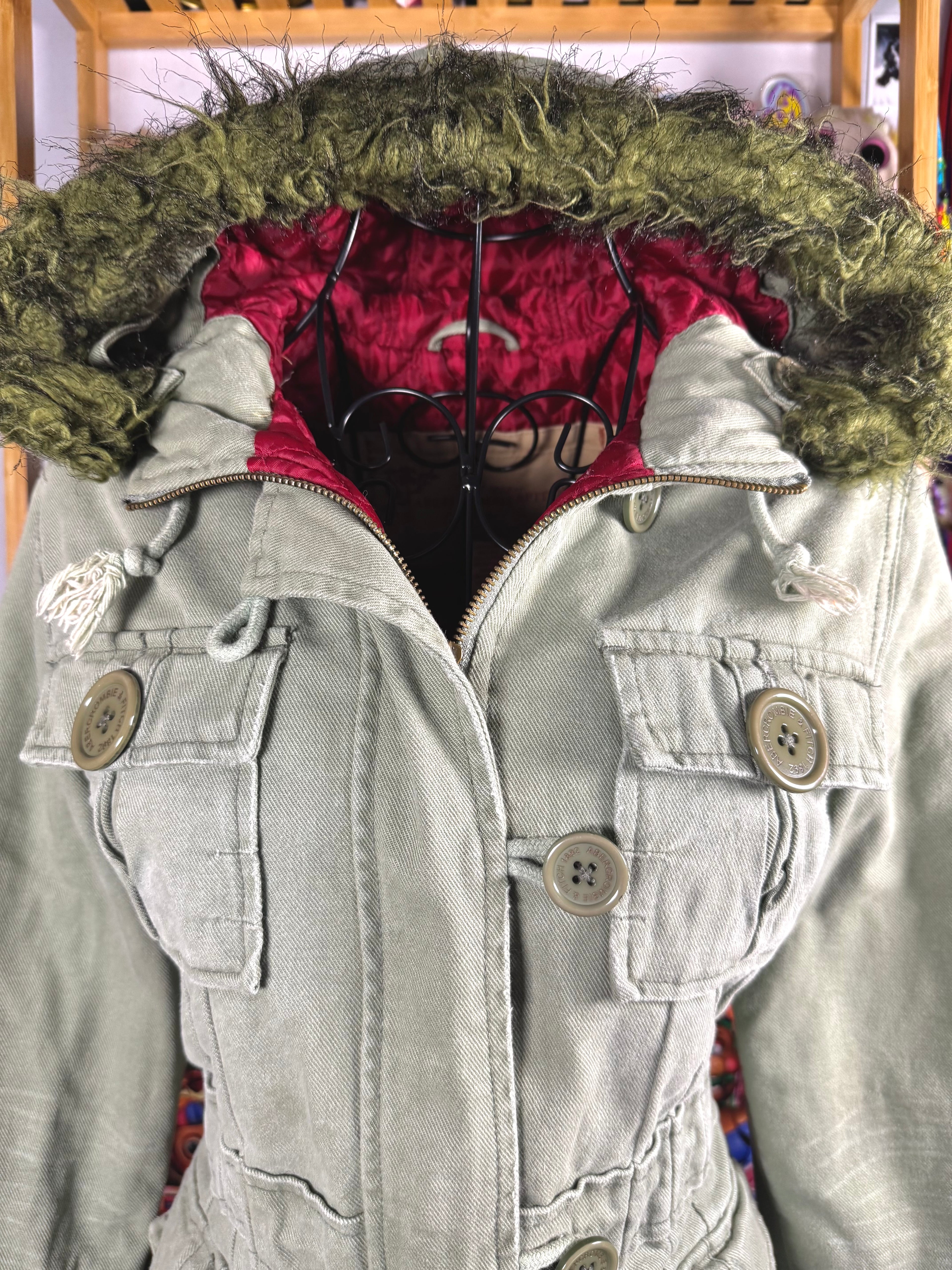 y2k vintage sage green fitted button up parka jacket with faux fur trim hood and cinch waist