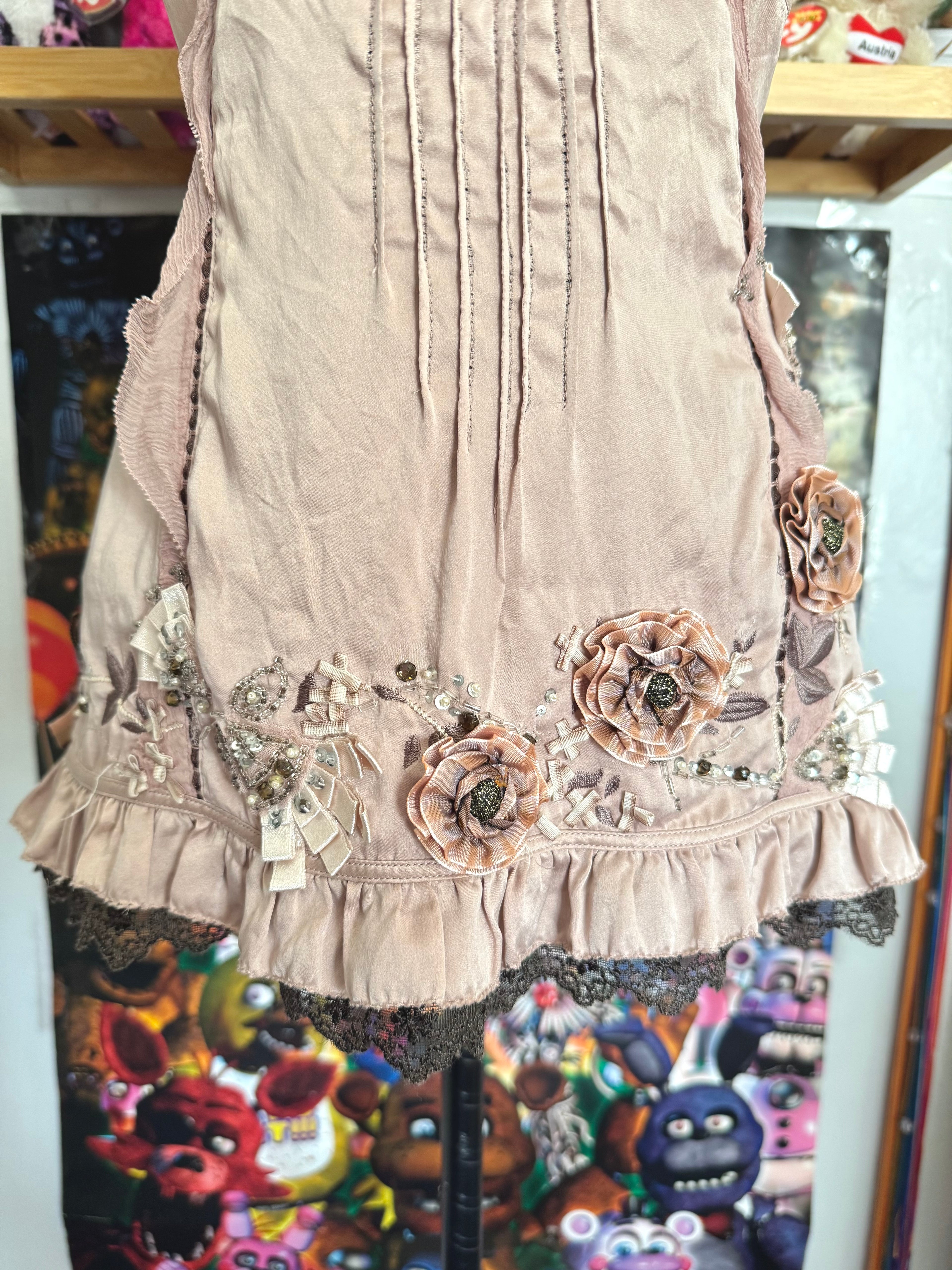 y2k vintage dusky pink silk cami top with 3D flowers embellished